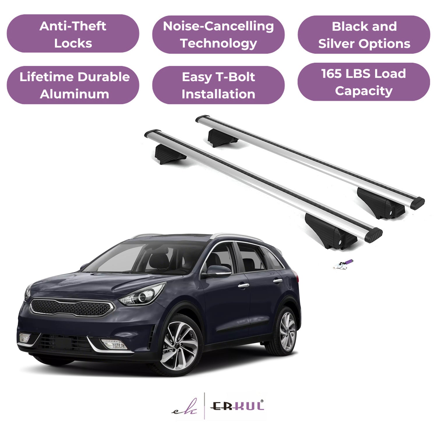 ERKUL Roof Rack Cross Bars for Kia Niro 2016-2022 with Flush Rails - Silver