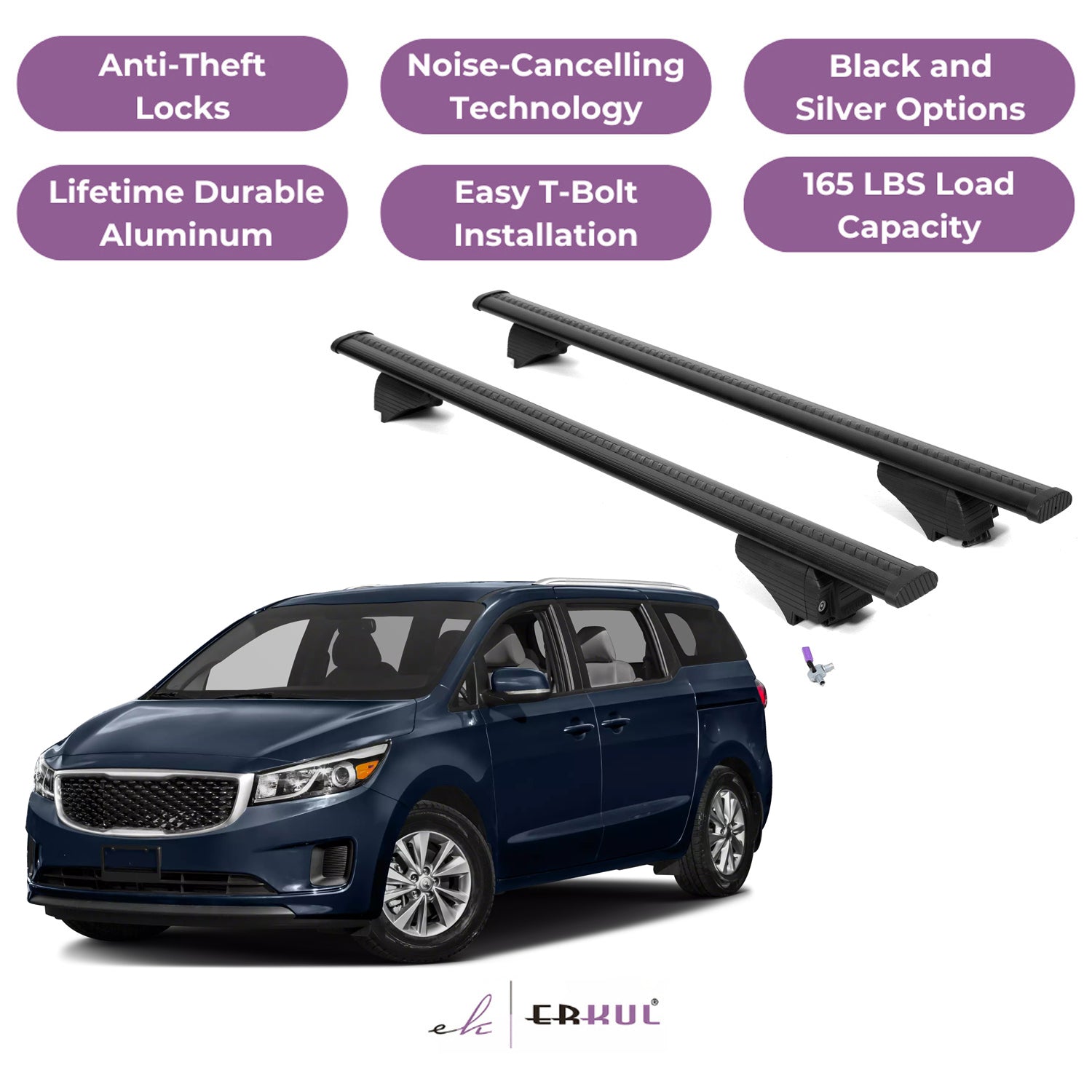 ERKUL Roof Rack Cross Bars for Kia Sedona 2015-2021 with Flush Rails - Black