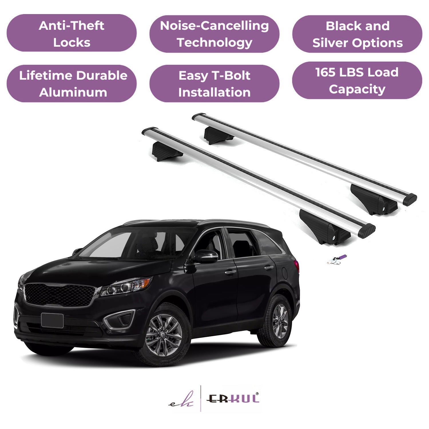 ERKUL Roof Rack Cross Bars for Kia Sorento 2016-2020 with Flush Rails - Silver