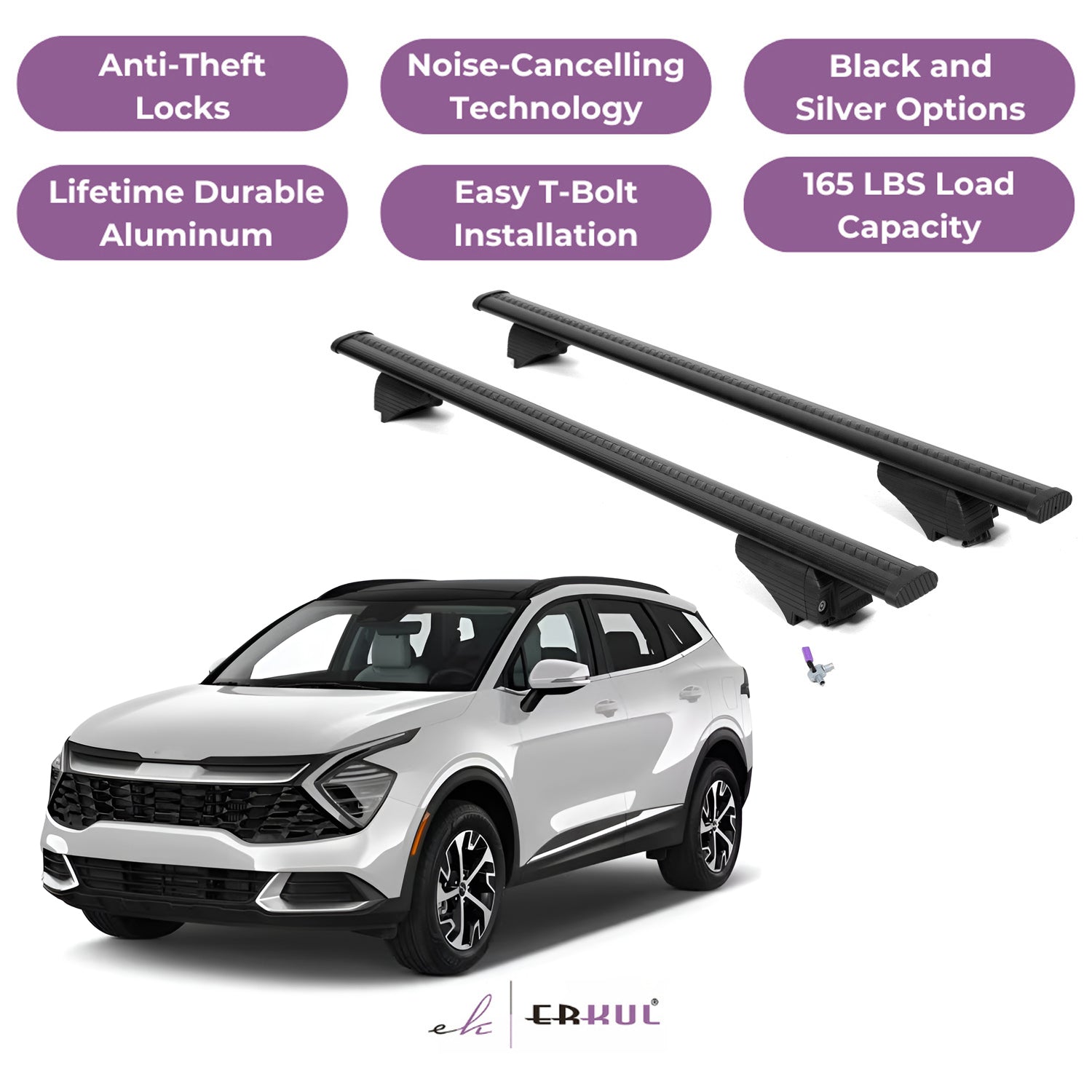 ERKUL Roof Rack Cross Bars for Kia Sportage 2023-2025 with Flush Rails - Black
