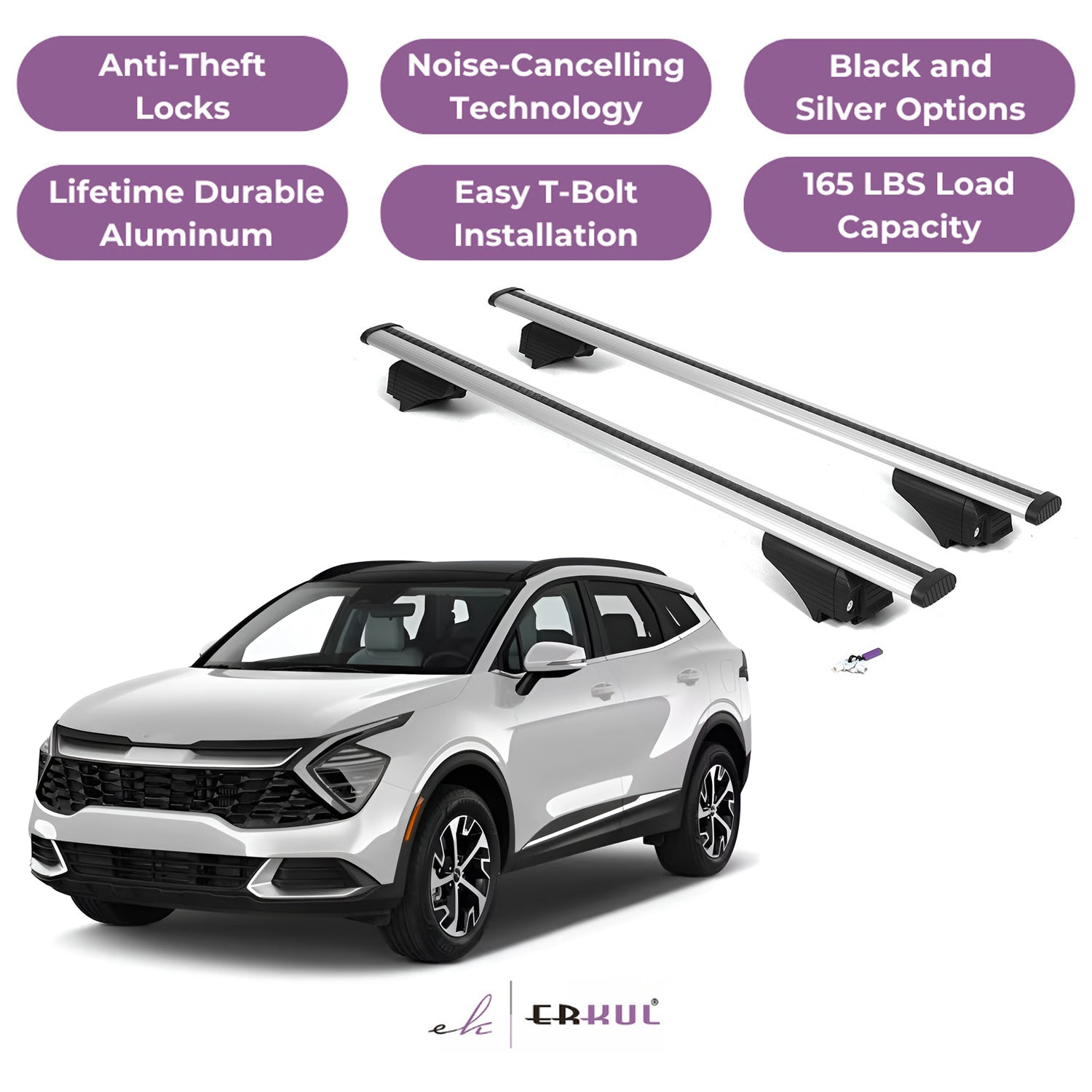 ERKUL Roof Rack Cross Bars for Kia Sportage 2023-2026 with Flush Rails - Silver