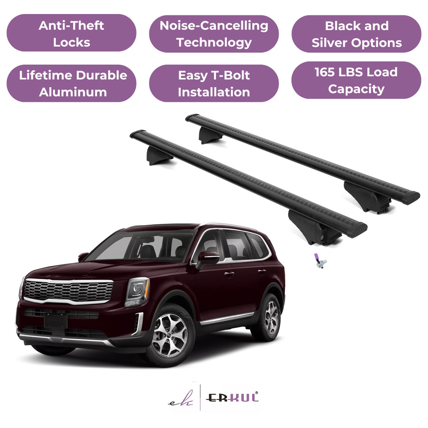 ERKUL Roof Rack Cross Bars for Kia Telluride 2019-2025 with Flush Rails - Black