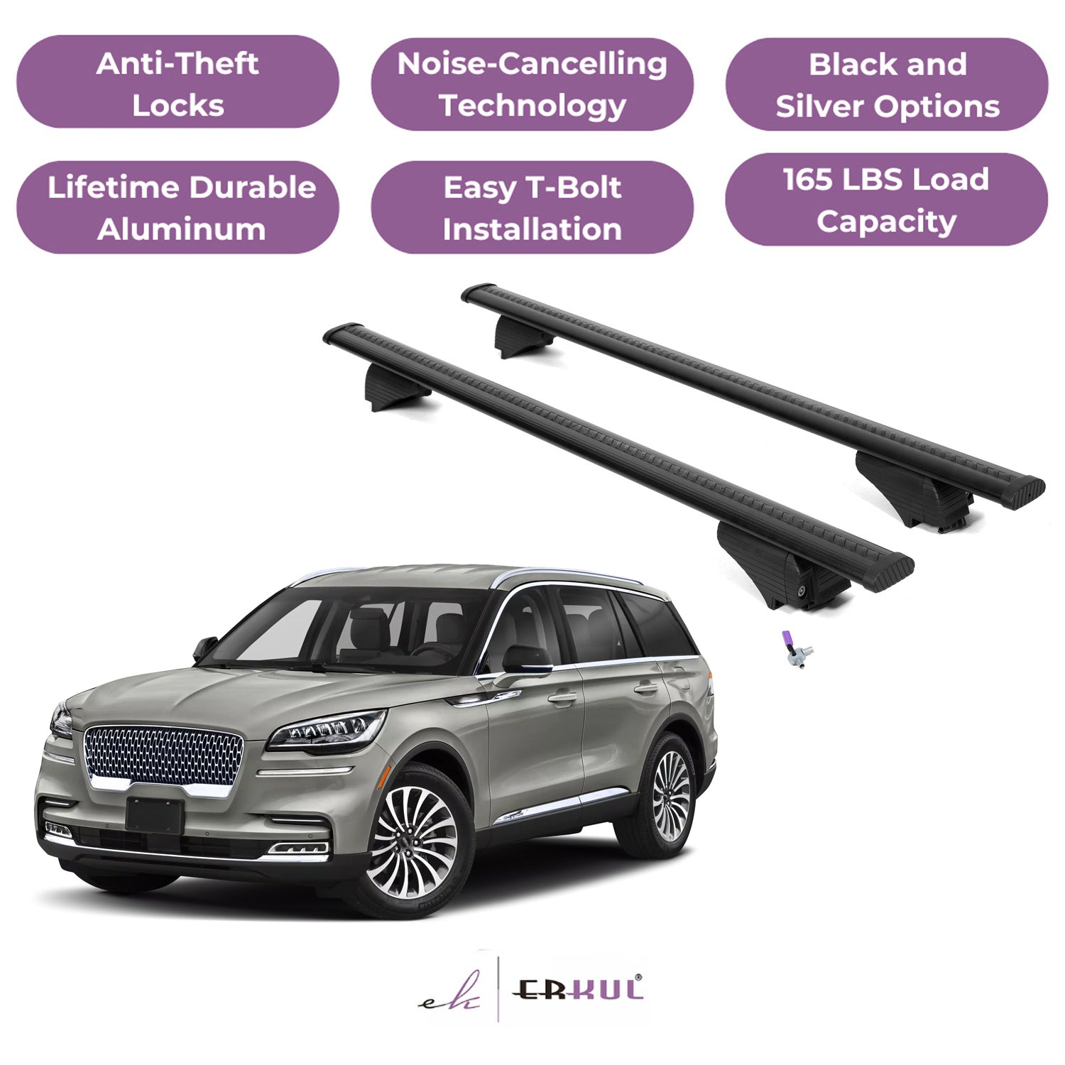 ERKUL Roof Rack Cross Bars for Lincoln Aviator 2020-2026 - Flush Rails - Black