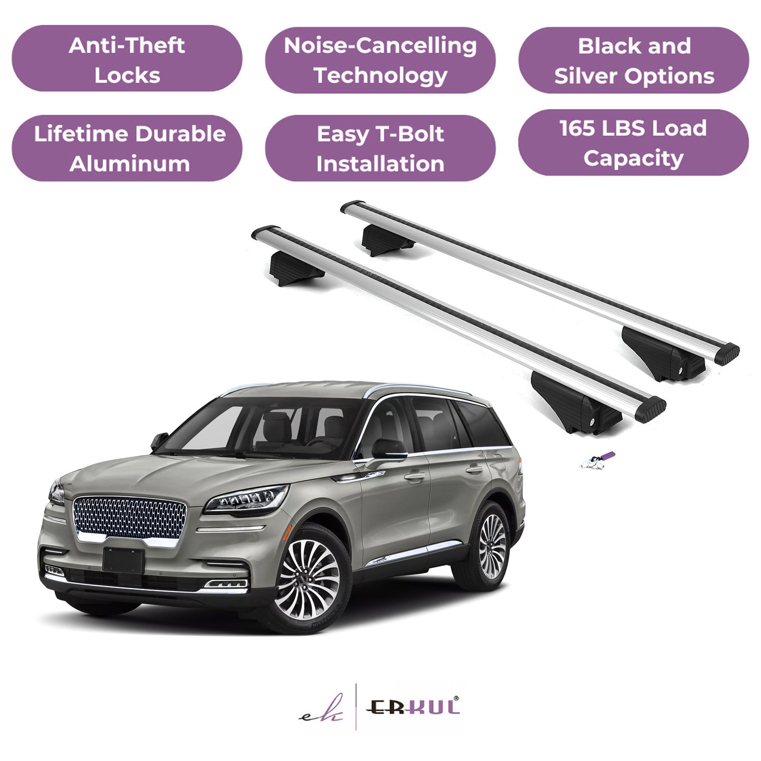 ERKUL Roof Rack Cross Bars for Lincoln Aviator 2020-2025 - Flush Rails - Silver