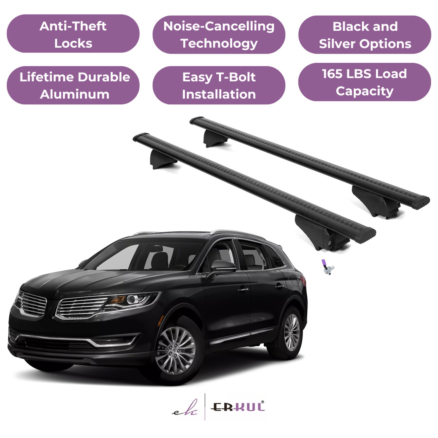 Roof Rack Cross Bars with Extended Bar Design for Lincoln MKX 2016-2018 - Black