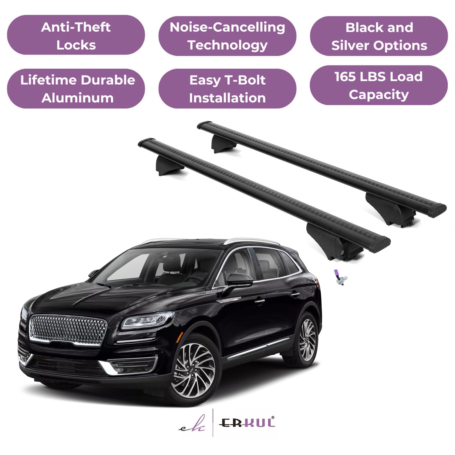 ERKUL Roof Rack Cross Bars for Lincoln Nautilus 2019-2023 - Flush Rails - Black