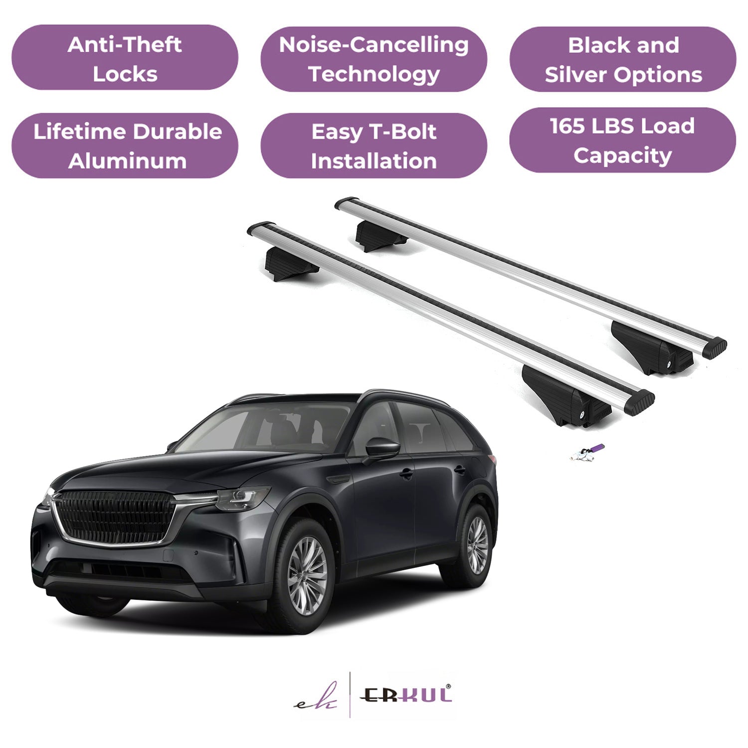ERKUL Roof Rack Cross Bars for Mazda CX-90 CX90 2024-2025 - Flush Rails - Silver
