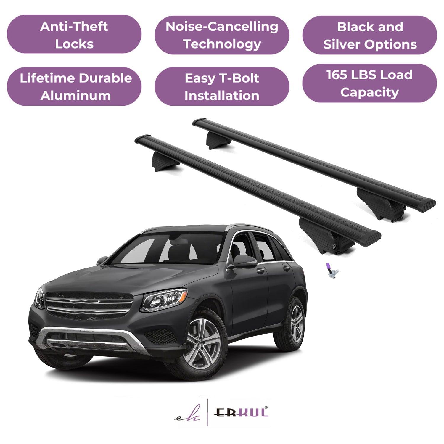 ERKUL Roof Rack Cross Bars for Mercedes Benz GLC 2016-2022 - Flush Rails - Black