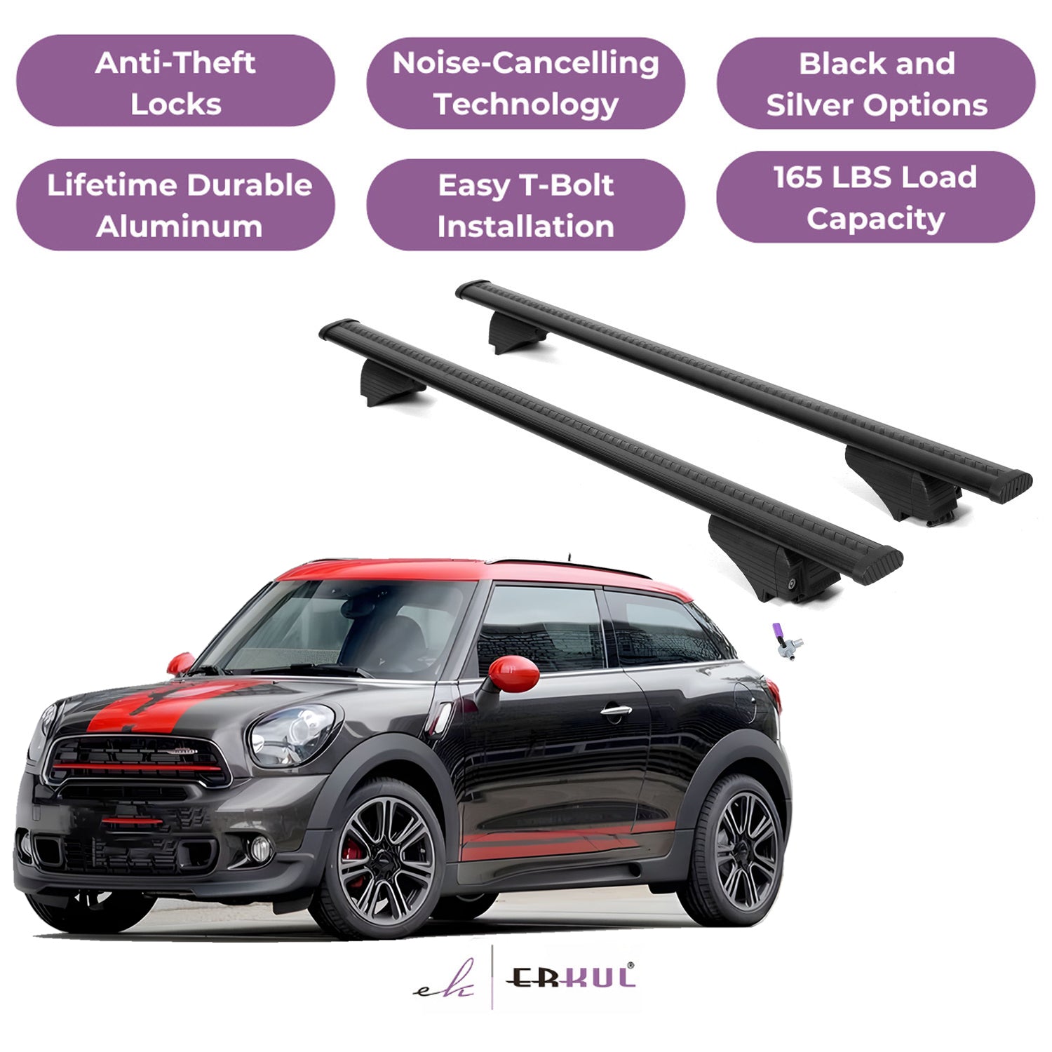 ERKUL Roof Rack Cross Bars for Mini Cooper Paceman 2011-2016 - Black