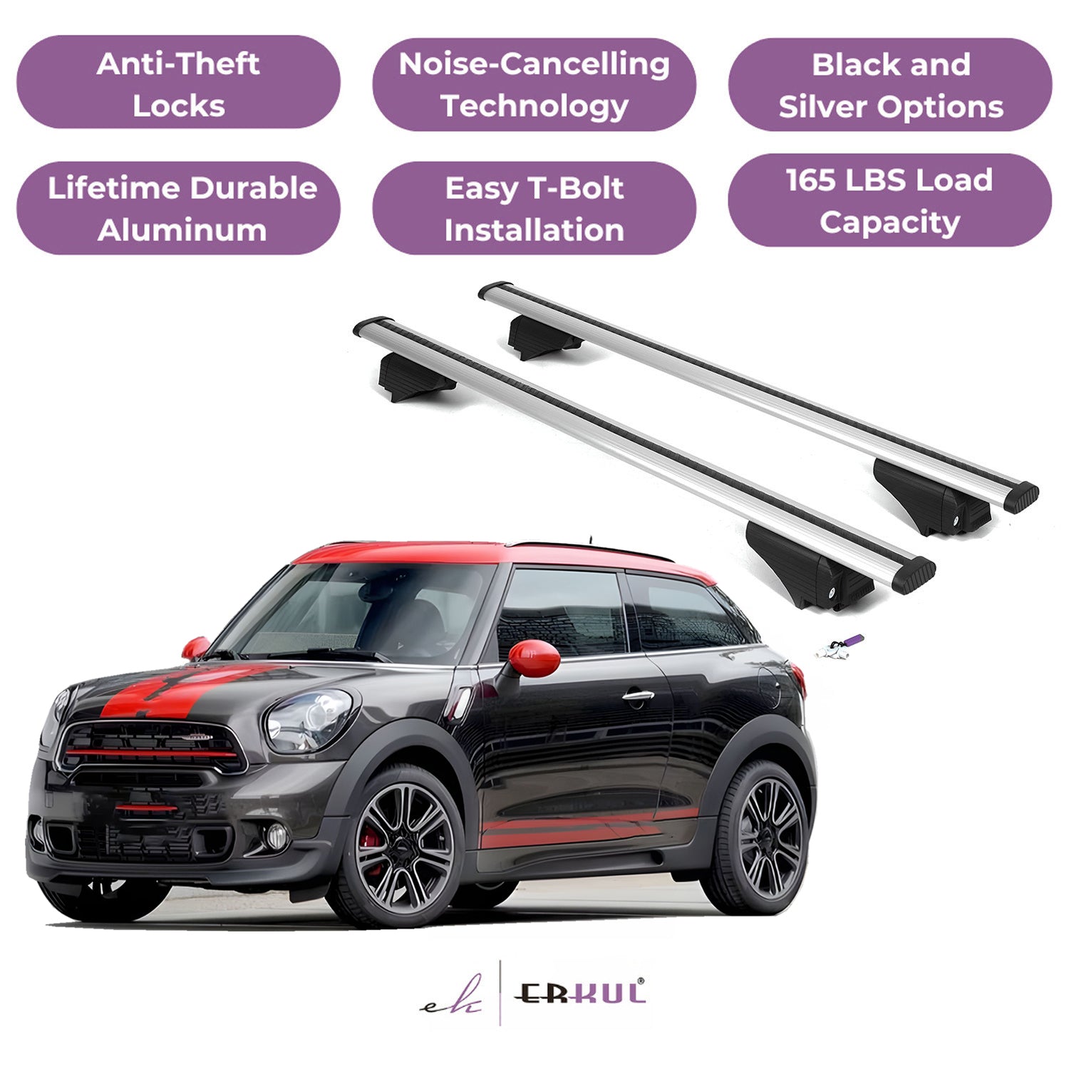 ERKUL Roof Rack Cross Bars for Mini Cooper Paceman 2011-2016 - Silver