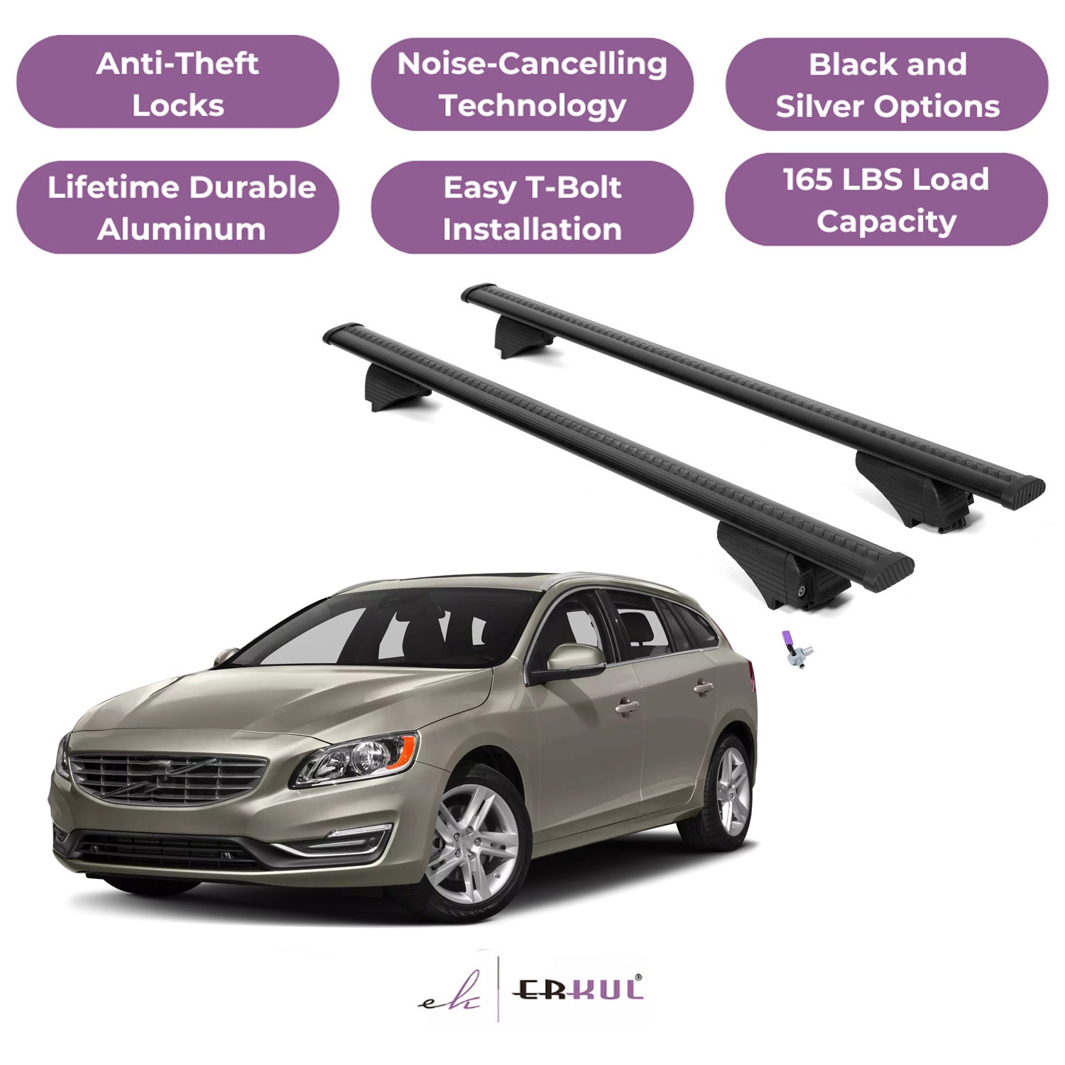 Roof Rack Cross Bars with Extended Bar Design for Volvo V60 2015-2018 - Black