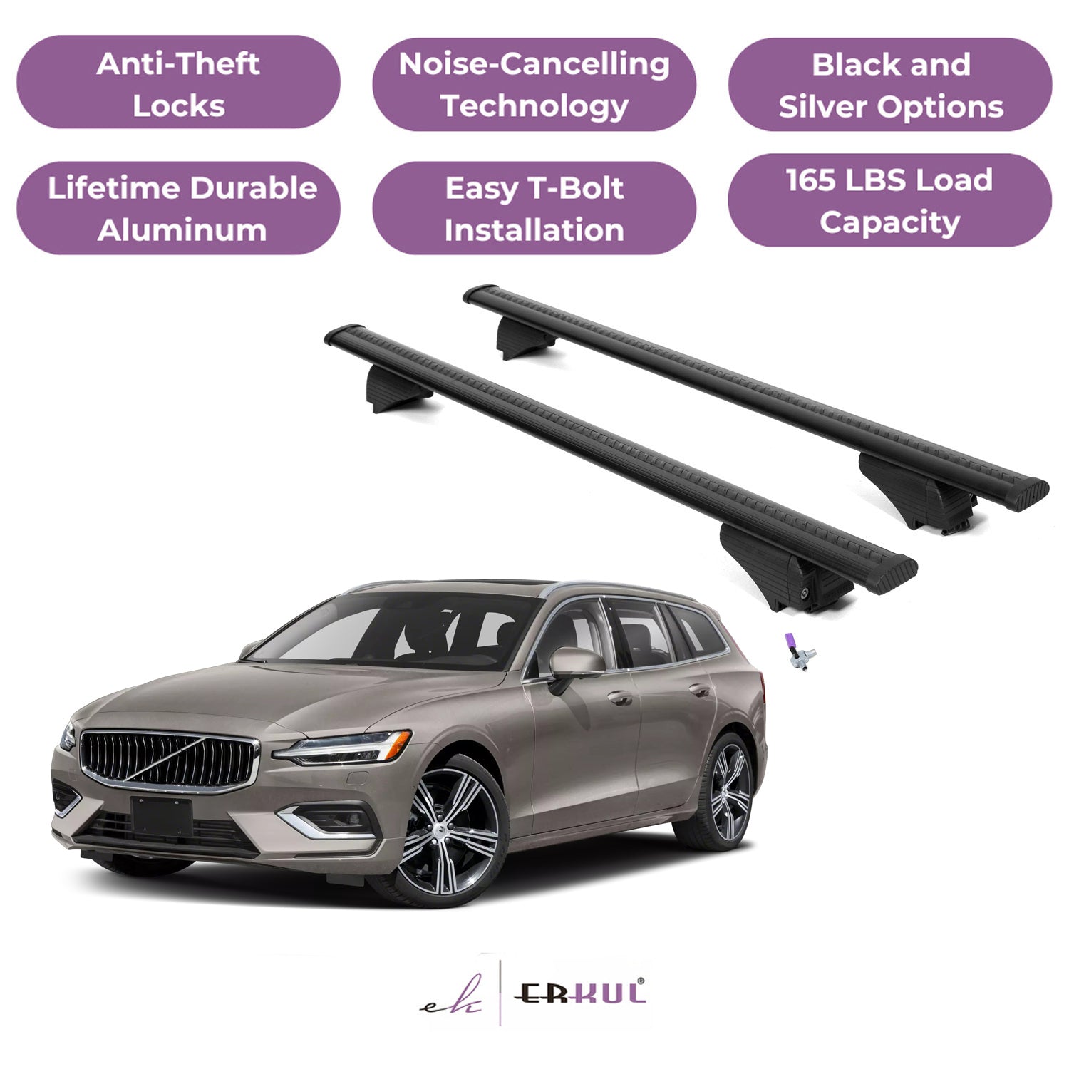 ERKUL Roof Rack Cross Bars for Volvo V60 2019-2026 with Flush Rails - Black