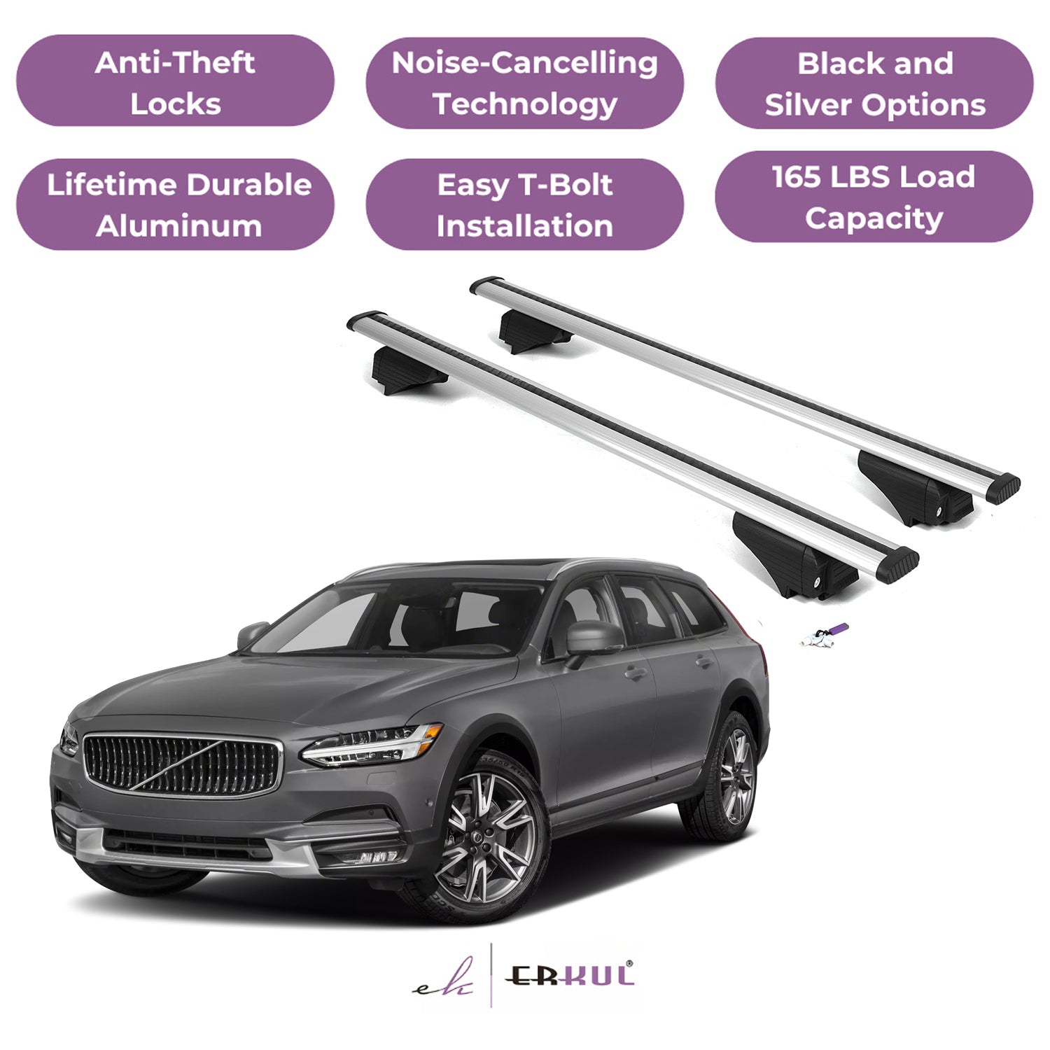 ERKUL Roof Rack Cross Bars for Volvo V60 Cross Country 2019-2026 - Silver