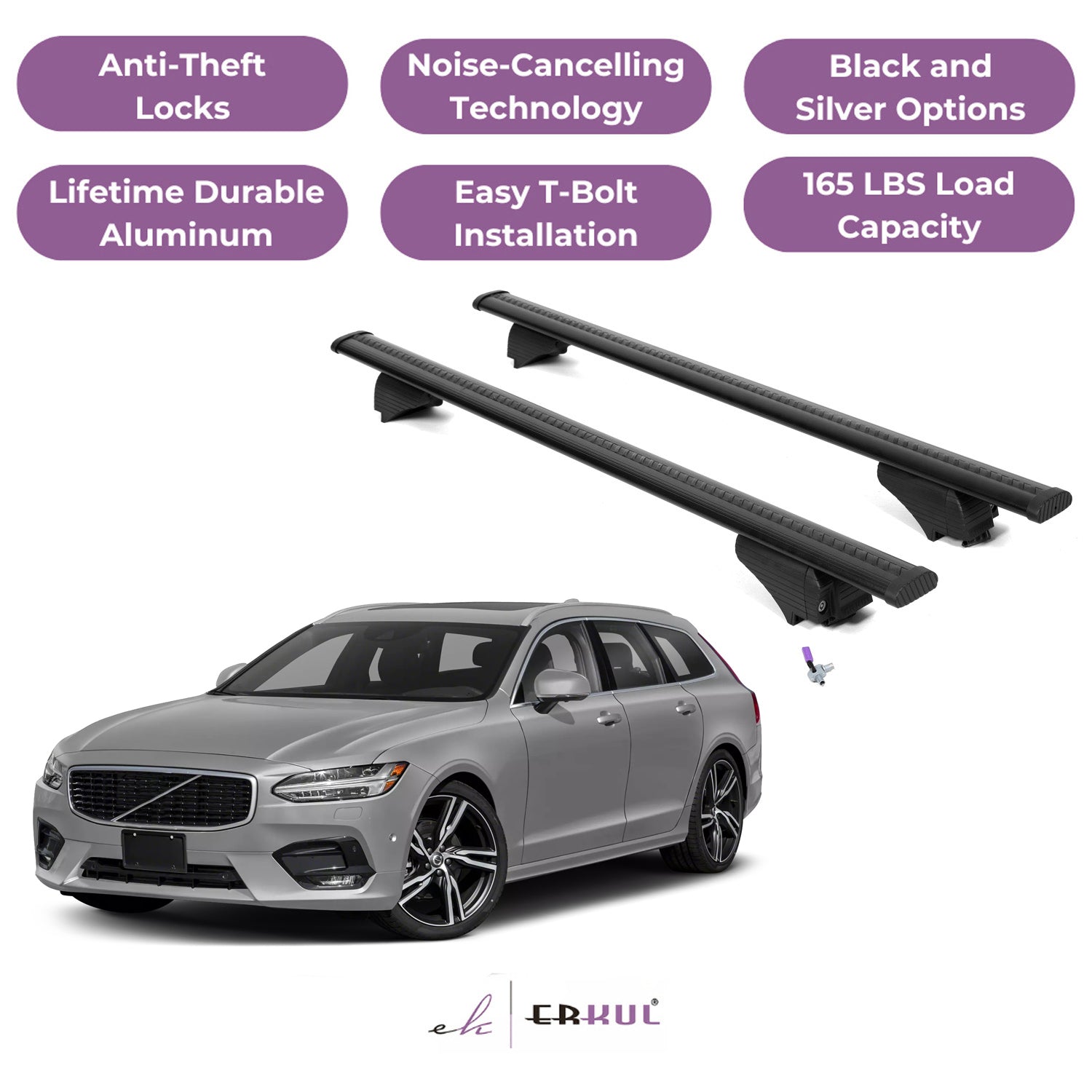 ERKUL Roof Rack Cross Bars for Volvo V90 2017-2022 with Flush Rails - Black