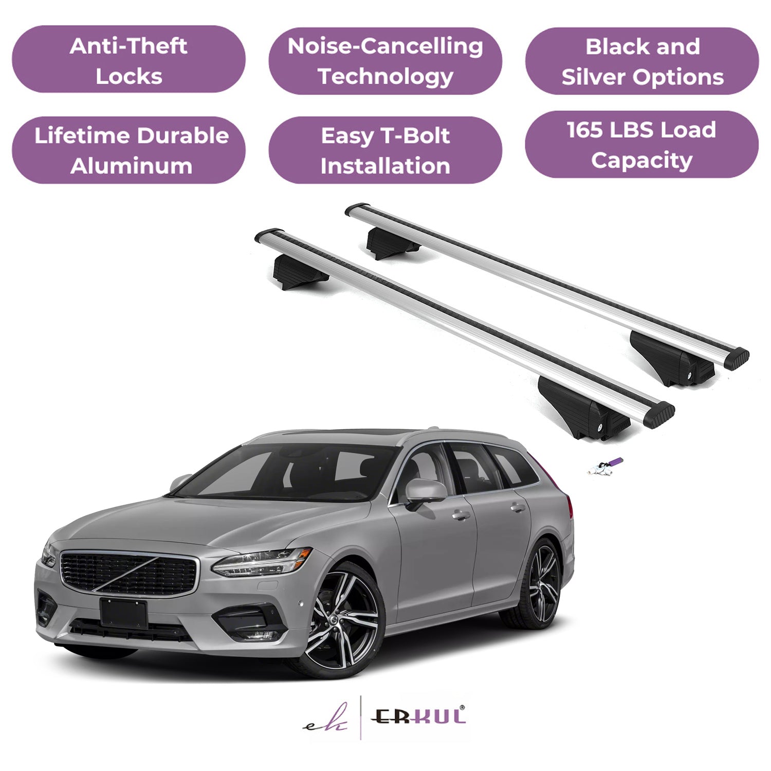 Roof Rack Cross Bars with Extended Bar Design for Volvo V90 2017-2022 - Silver