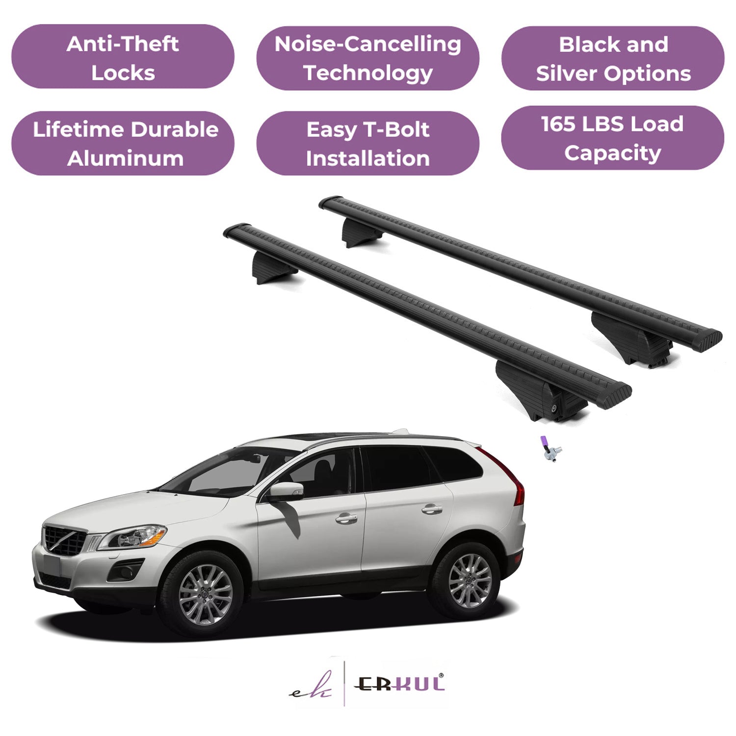 ERKUL Roof Rack Cross Bars for Volvo XC60 2009-2017 with Flush Rails - Black