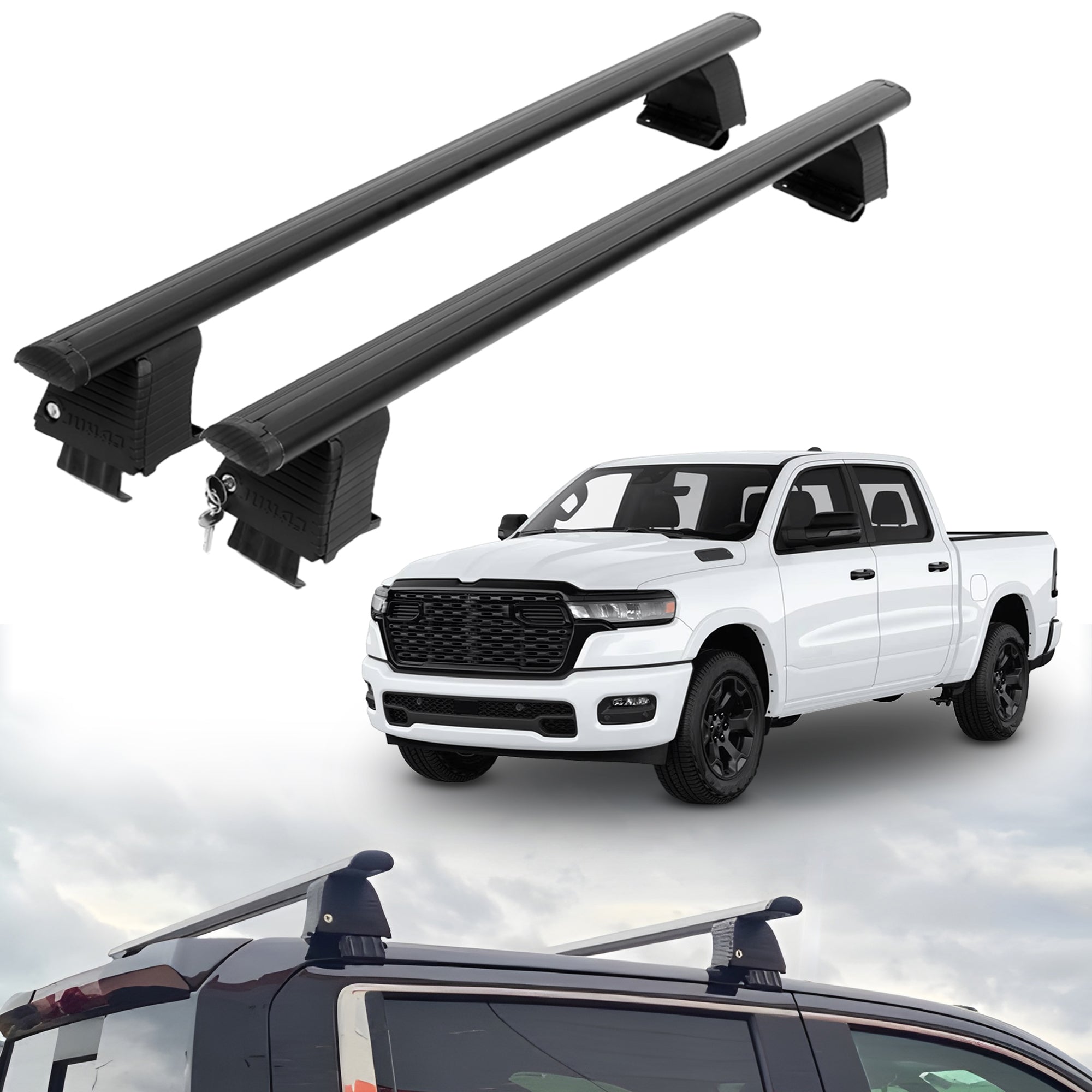 ERKUL Roof Rack Crossbars For DODGE RAM 1500 2019-2026 Naked Roof Aluminum Black