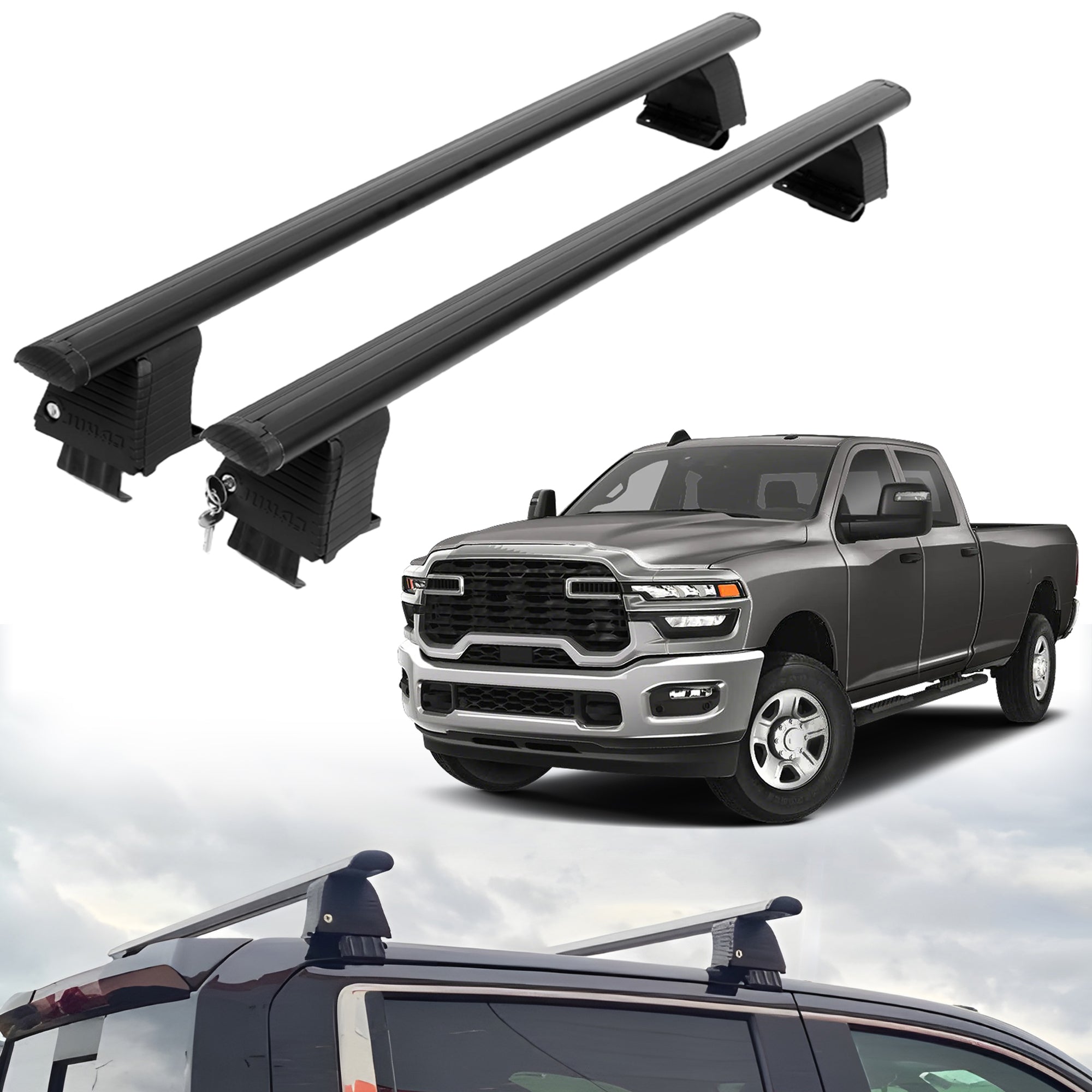 ERKUL Roof Rack Crossbars For DODGE RAM 3500 2019-2026 Naked Roof Aluminum Black