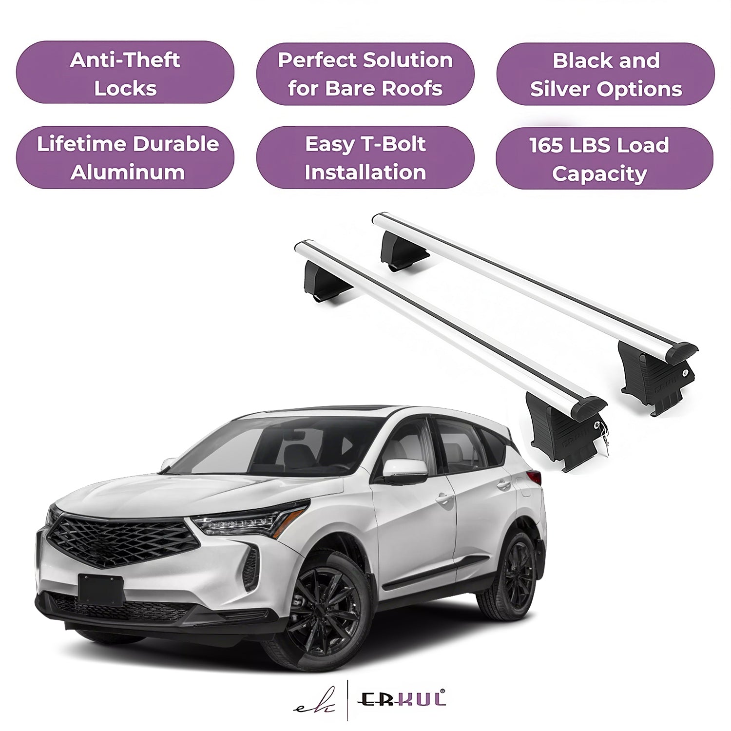 ERKUL Roof Rack Crossbars Fits Acura RDX 2019-2025 Naked Roof Aluminum Silver