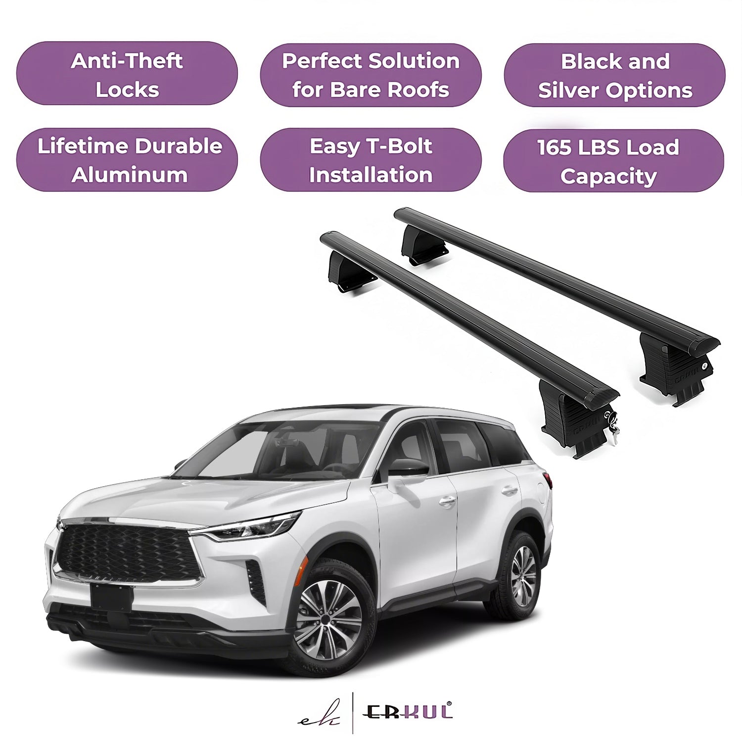 ERKUL Roof Rack Crossbars Fits INFINITI QX60 2022-2026 Naked Roof Aluminum Black