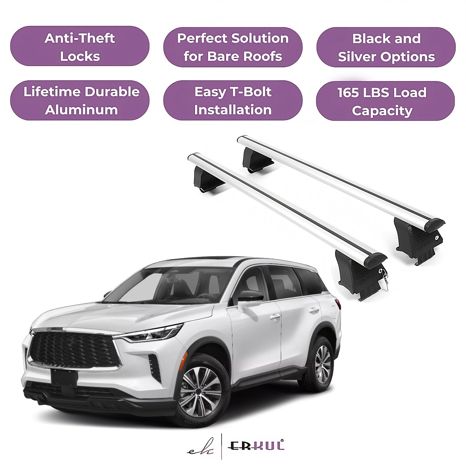 ERKUL Roof Rack Crossbars Fit INFINITI QX60 2022-2025 Naked Roof Aluminum Silver