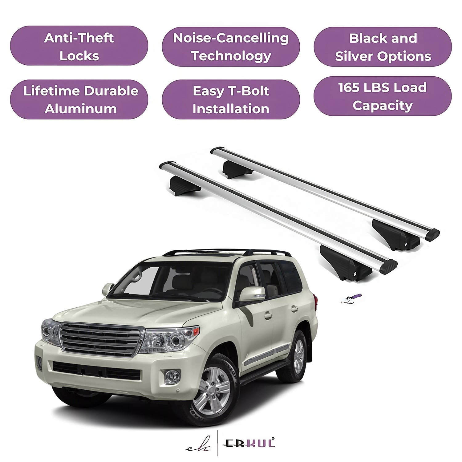 ERKUL Roof Rack Cross Bars for Toyota Land Cruiser 1992-2023 Raised Rails Silver