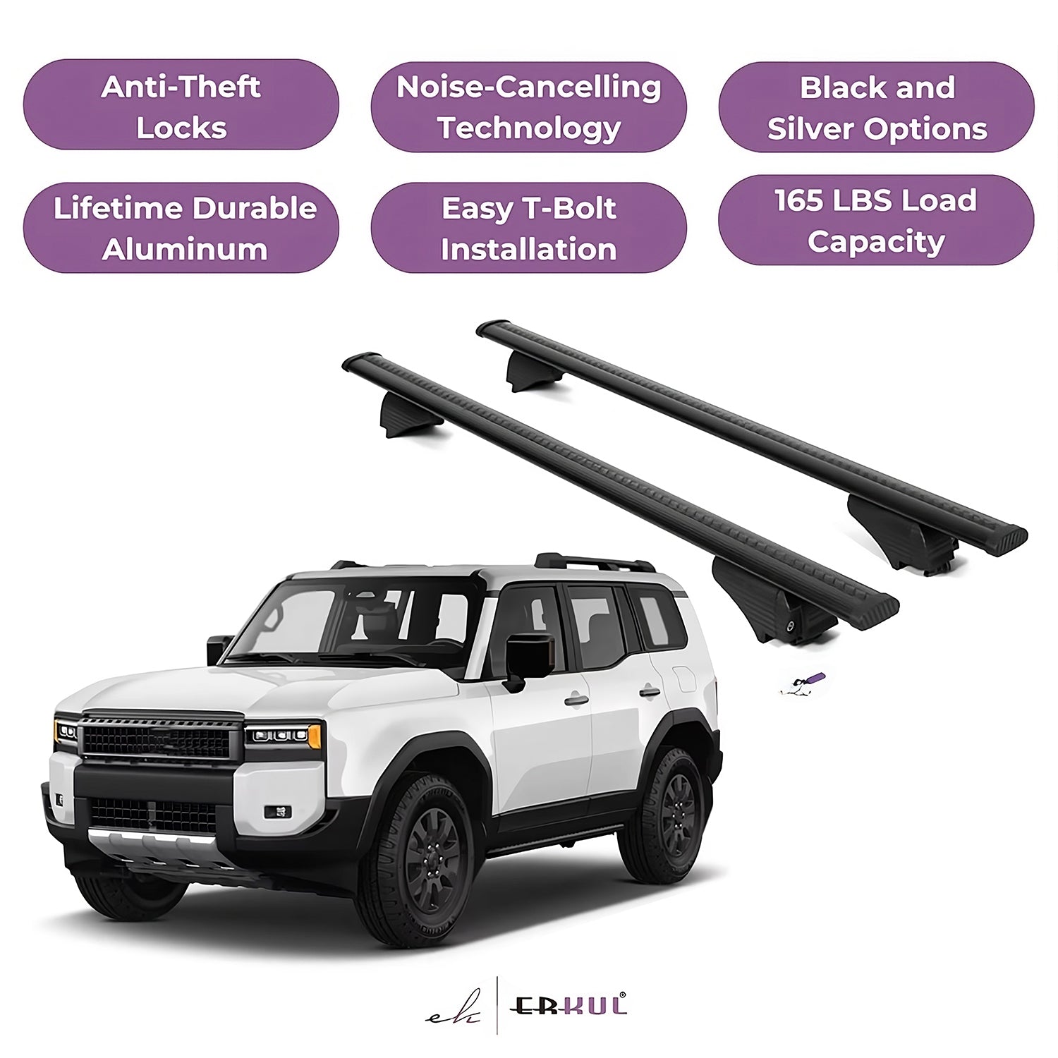 ERKUL Roof Rack Cross Bars for Toyota Land Cruiser 2024-2026 Raised Rails Black