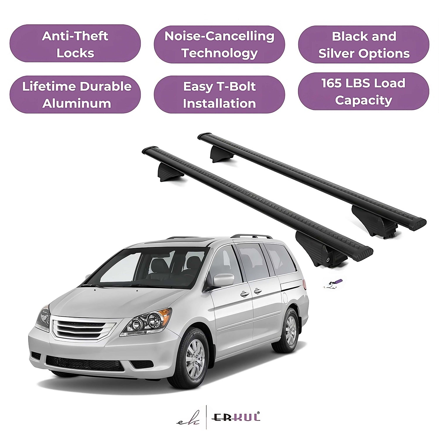 ERKUL Roof Rack Cross Bars for Honda Odyssey 2005-2010 for Raised Rails - Black