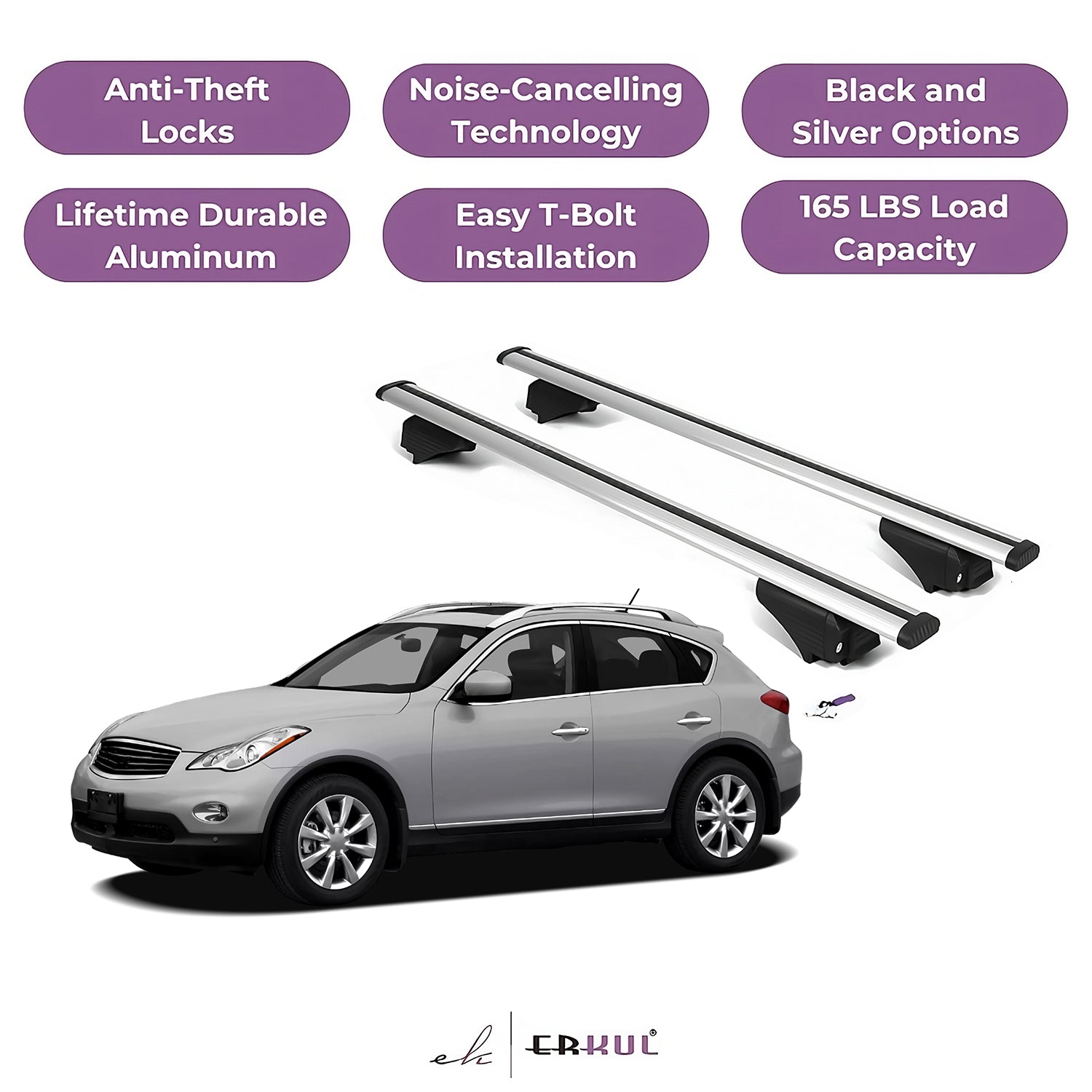 ERKUL Roof Rack Cross Bars for INFINITI EX35/EX 2008-2012 Raised Rails - Silver