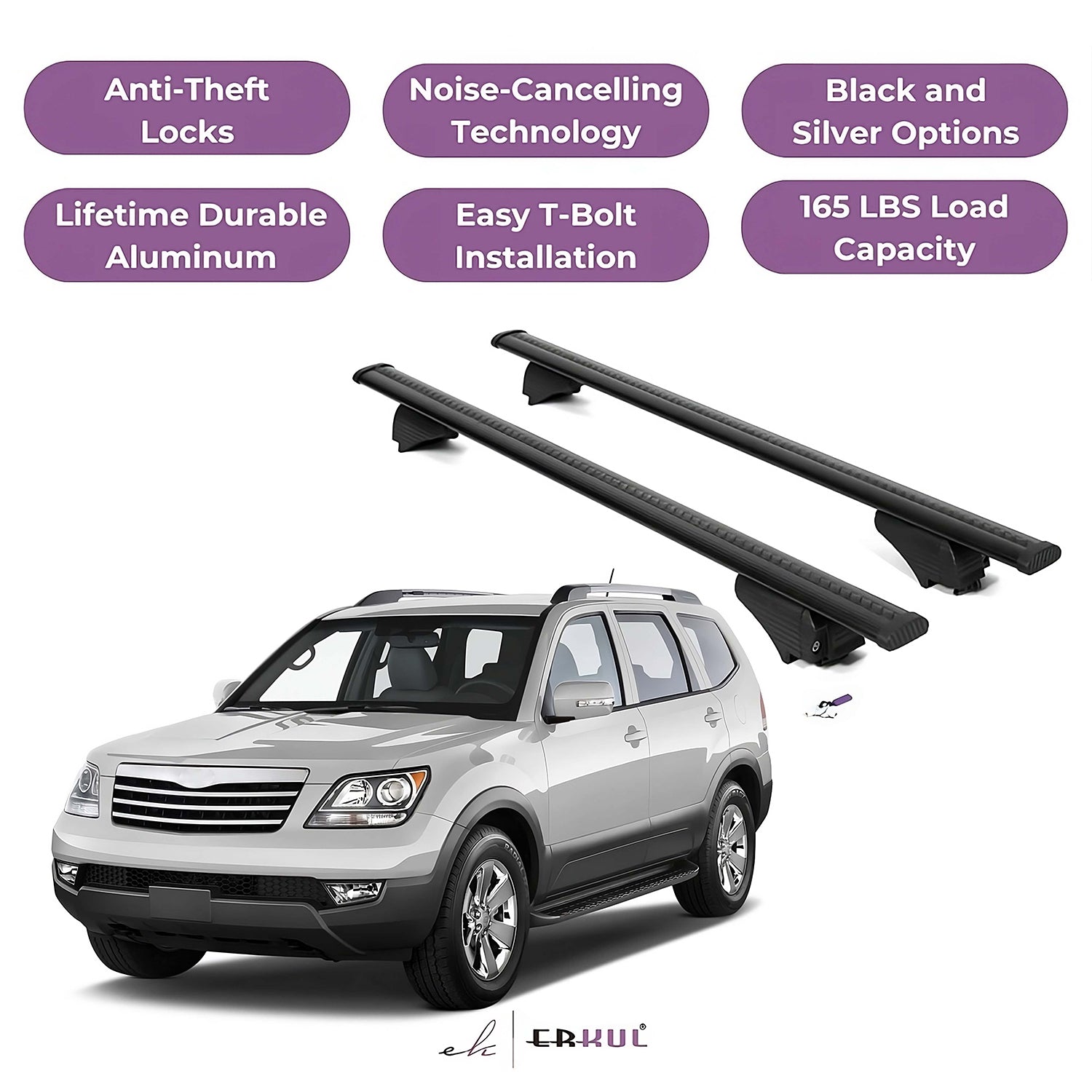 ERKUL Roof Rack Cross Bars for Kia Borrego 2009 for Raised Rails - Black