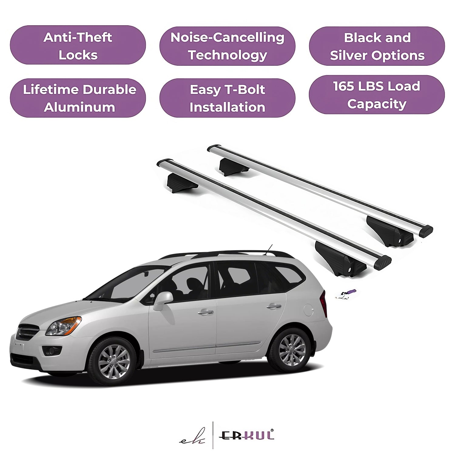 ERKUL Roof Rack Cross Bars for Kia Rondo 2007-2009 for Raised Rails - Silver