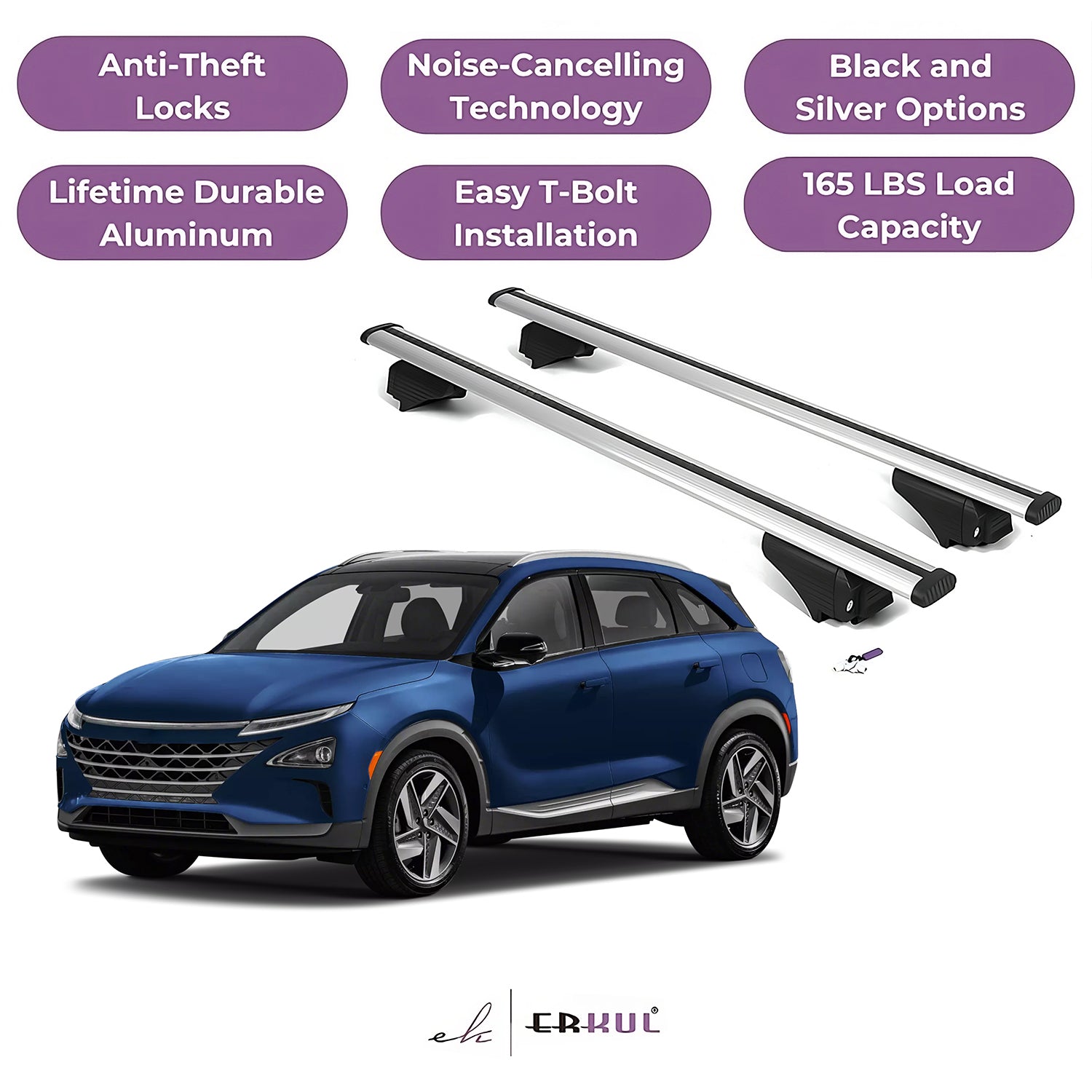 ERKUL Roof Rack Cross Bars for Hyundai NEXO 2019-2023 with Flush Rails - Silver