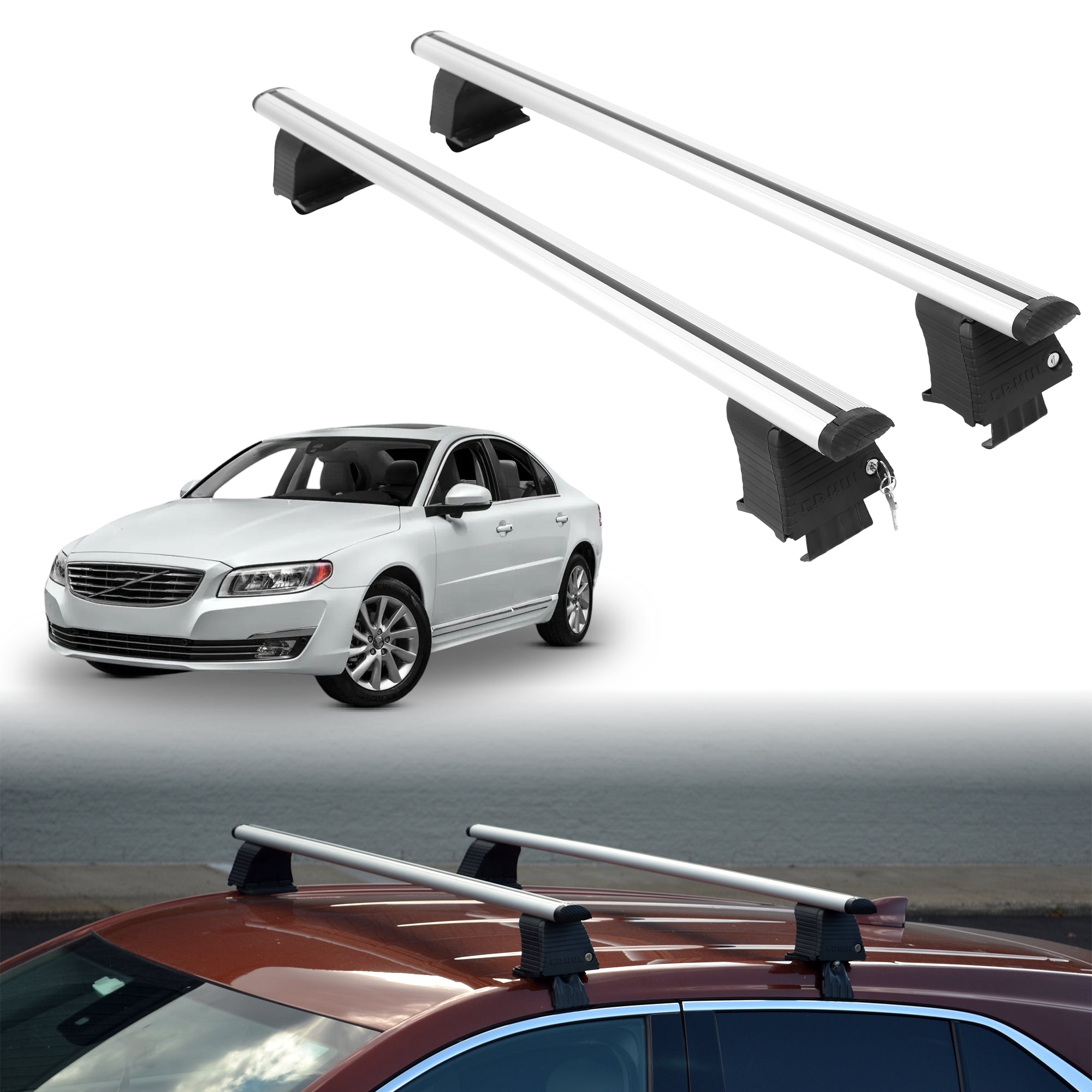 Roof Rack Crossbars for Volvo S80 2007-2016 Fits Naked Roof - Silver