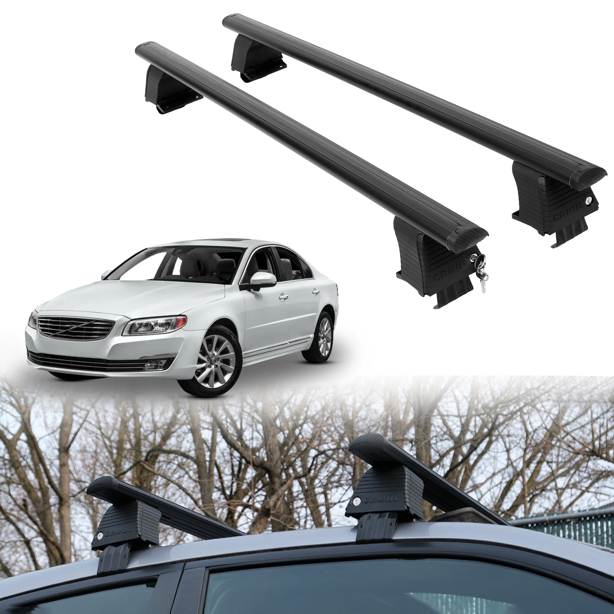 Roof Rack Crossbars for Volvo S80 2007-2016 Fits Naked Roof - Black