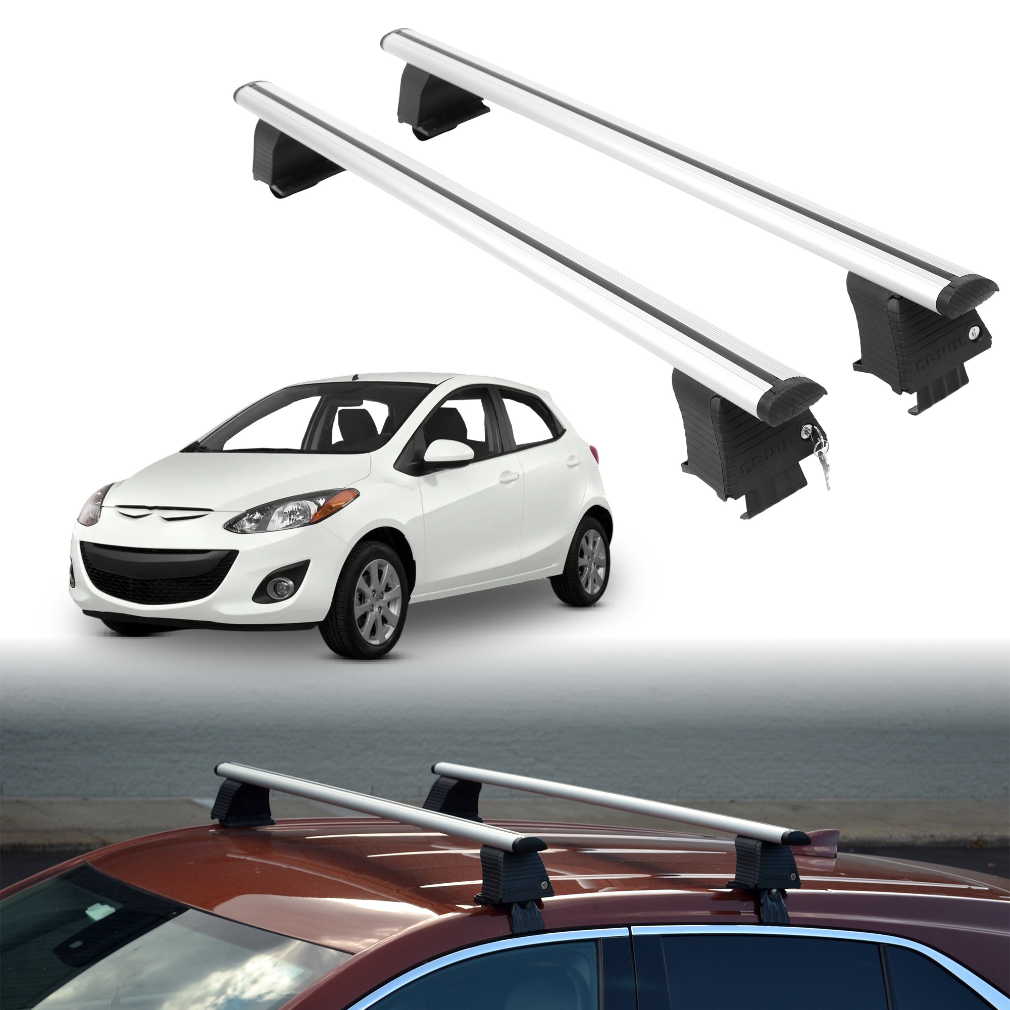 Roof Rack Crossbars for Mazda Mazda2 2011-2014 Fits Naked Roof - Silver