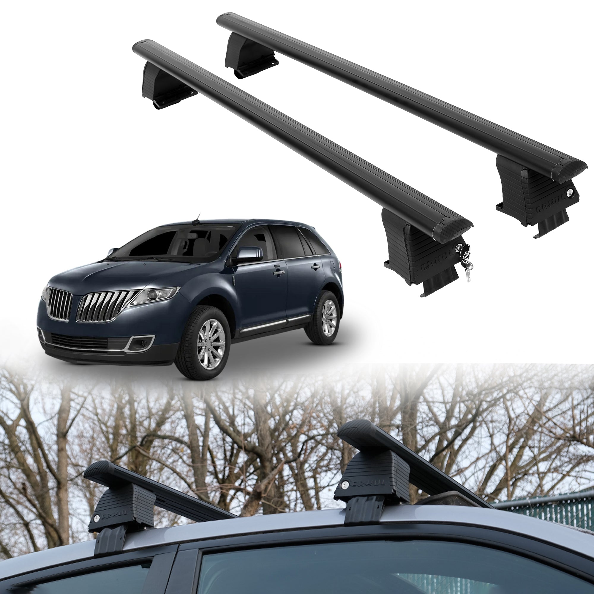 Roof Rack Crossbars for Lincoln MKX 2007-2015 Fits Naked Roof - Black