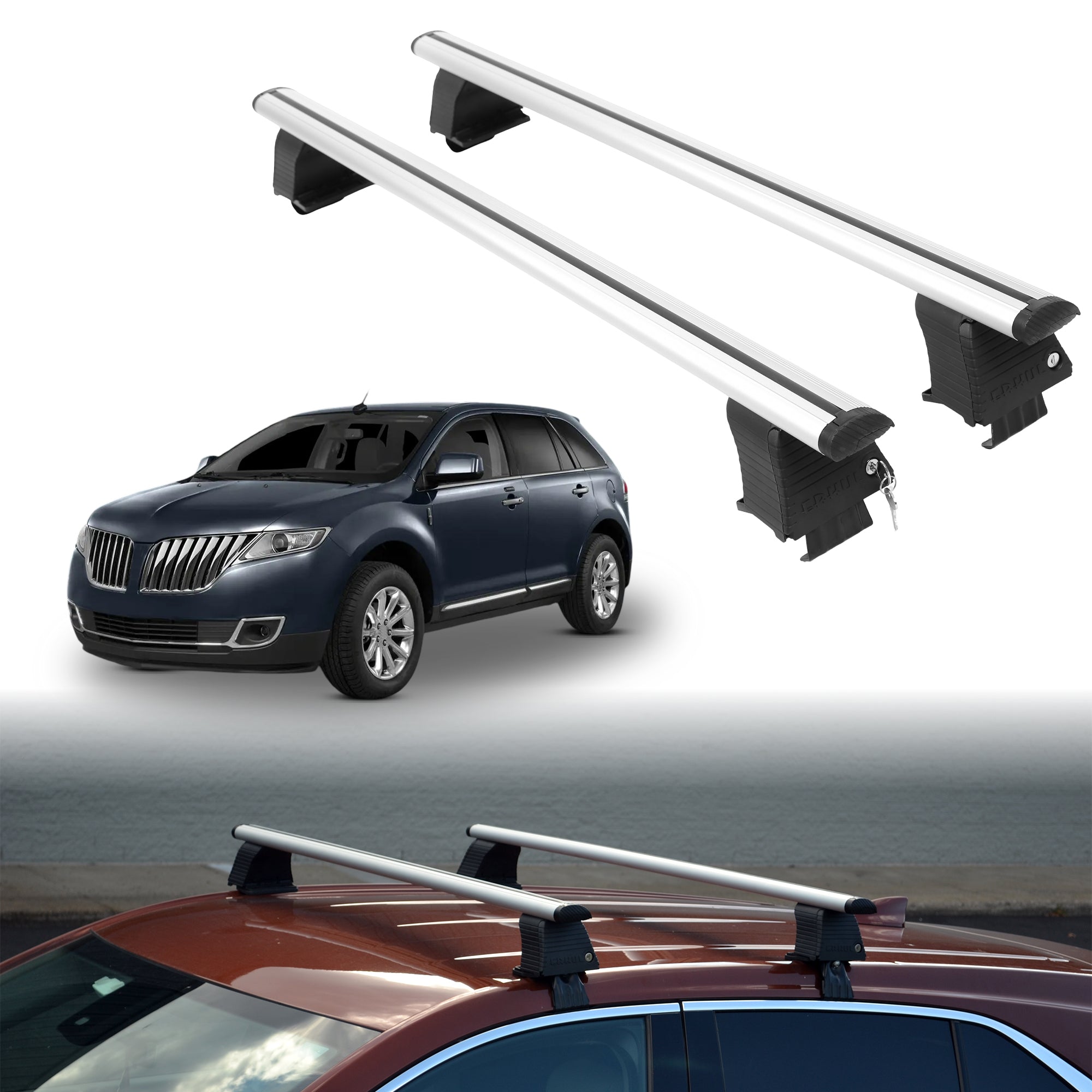 Roof Rack Crossbars for Lincoln MKX 2007-2015 Fits Naked Roof - Silver