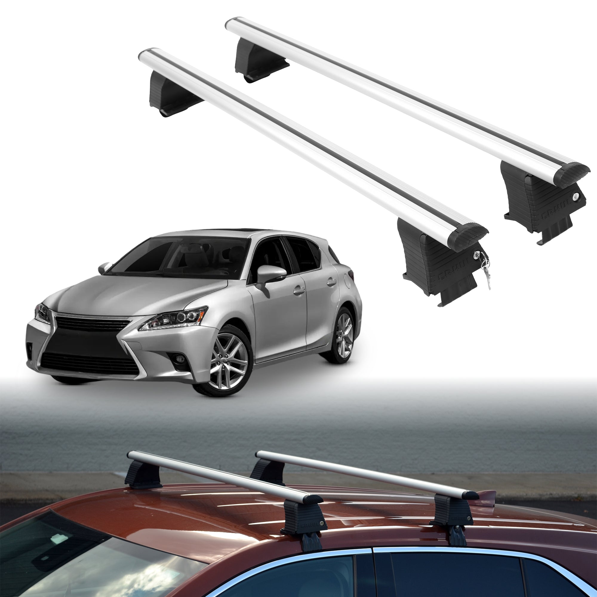Roof Rack Crossbars for Lexus CT 200h 2011-2017 Fits Naked Roof - Silver