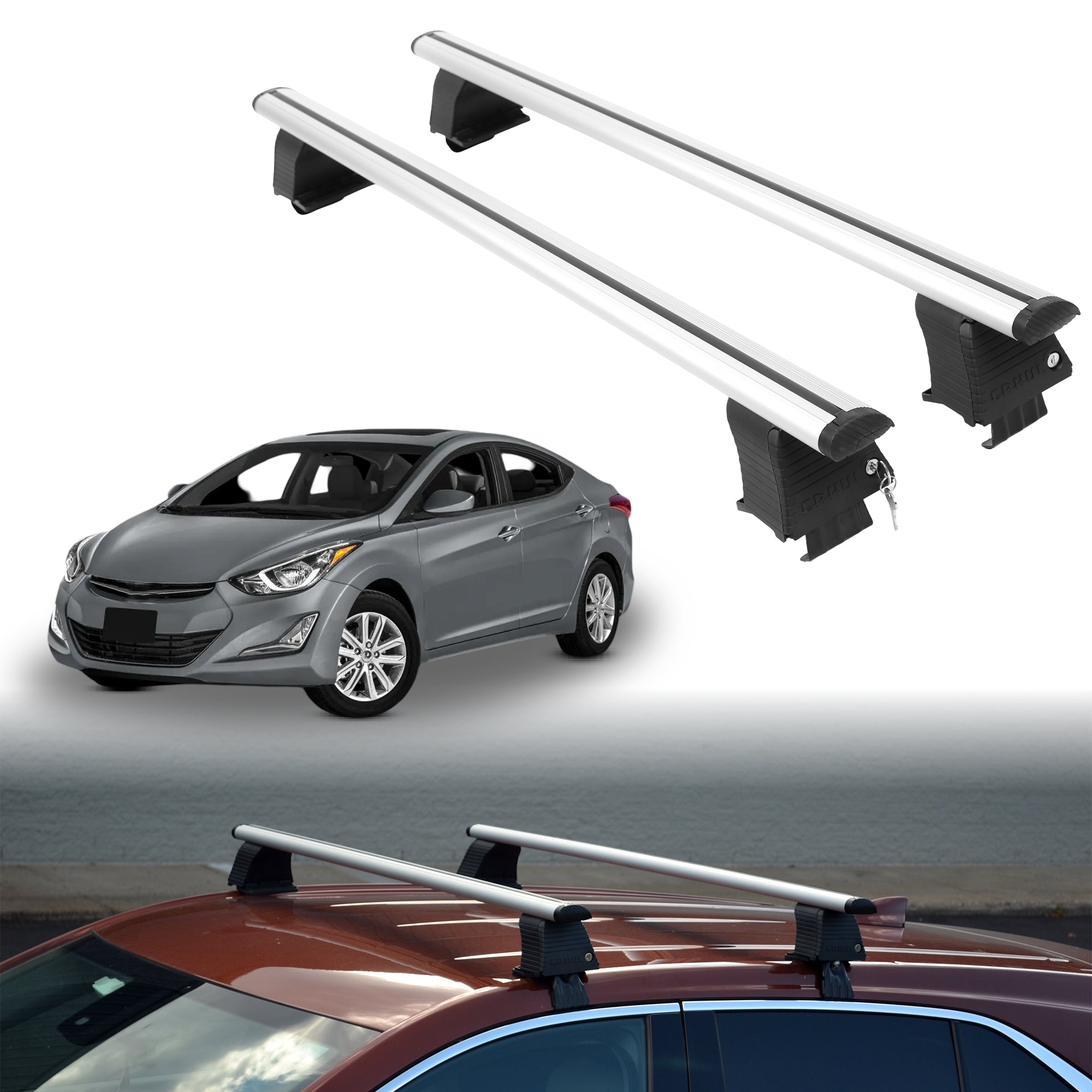 Roof Rack Crossbars for Hyundai Elantra 2011-2016 Fits Naked Roof - Silver