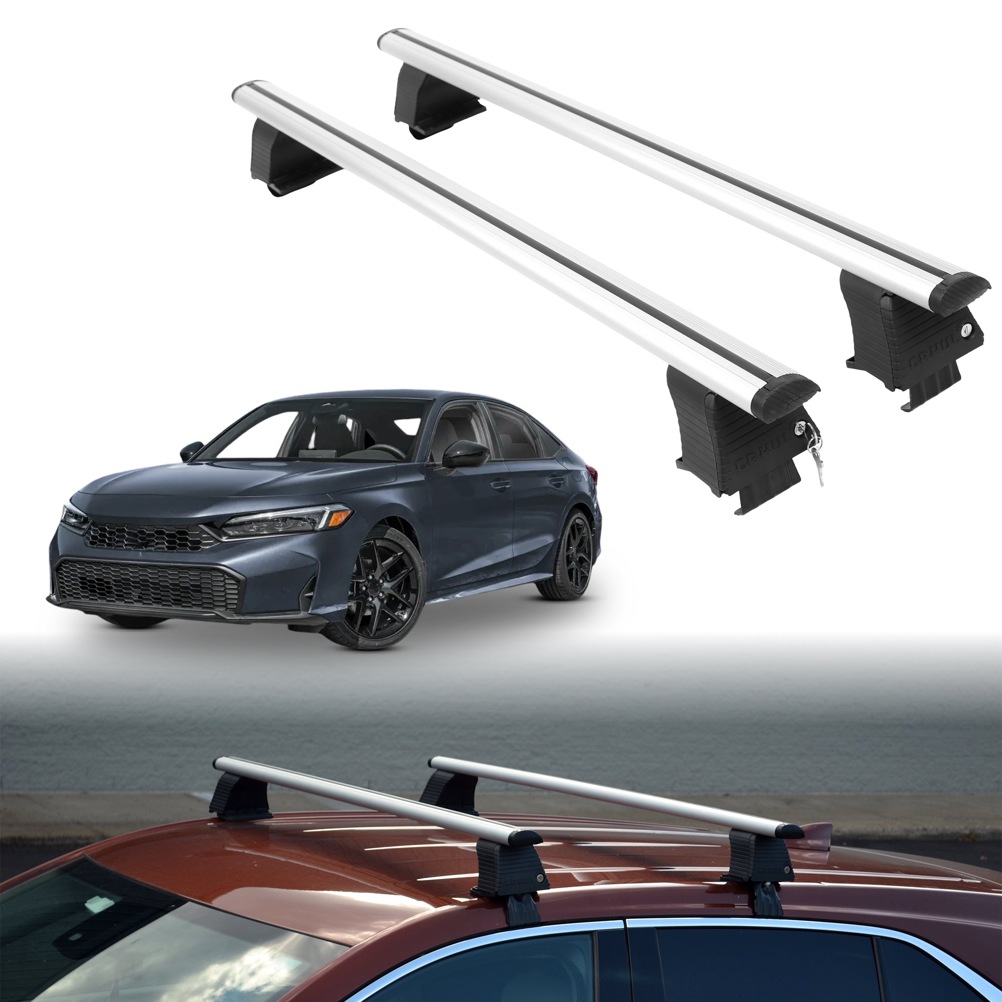 Roof Rack Crossbars for Honda Civic 2022-2026 Fits Naked Roof - Silver