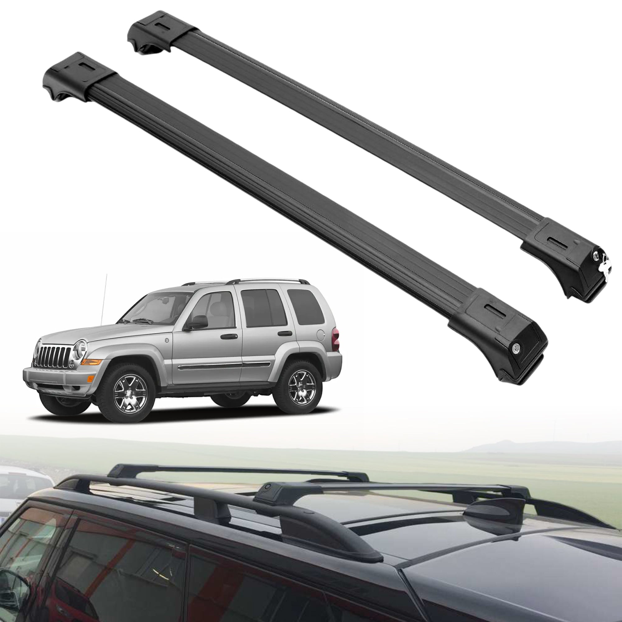 Roof Rack Crossbars for Jeep Liberty 2002-2007 Fits Raised Rails - Black