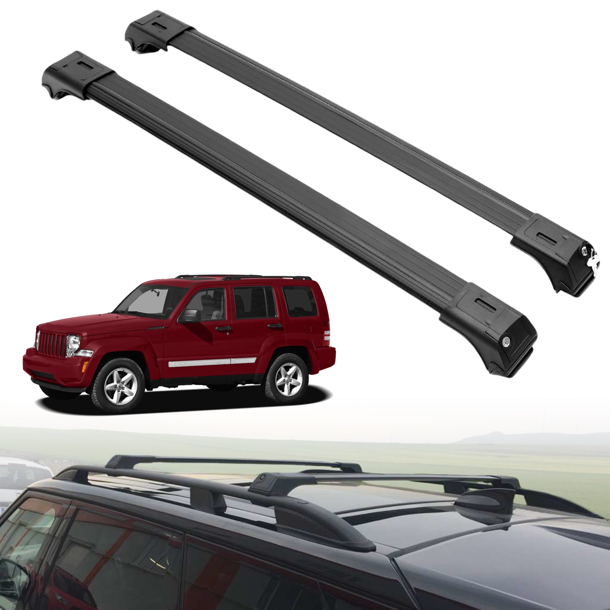 Roof Rack Crossbars for Jeep Liberty 2008-2012 Fits Raised Rails - Black