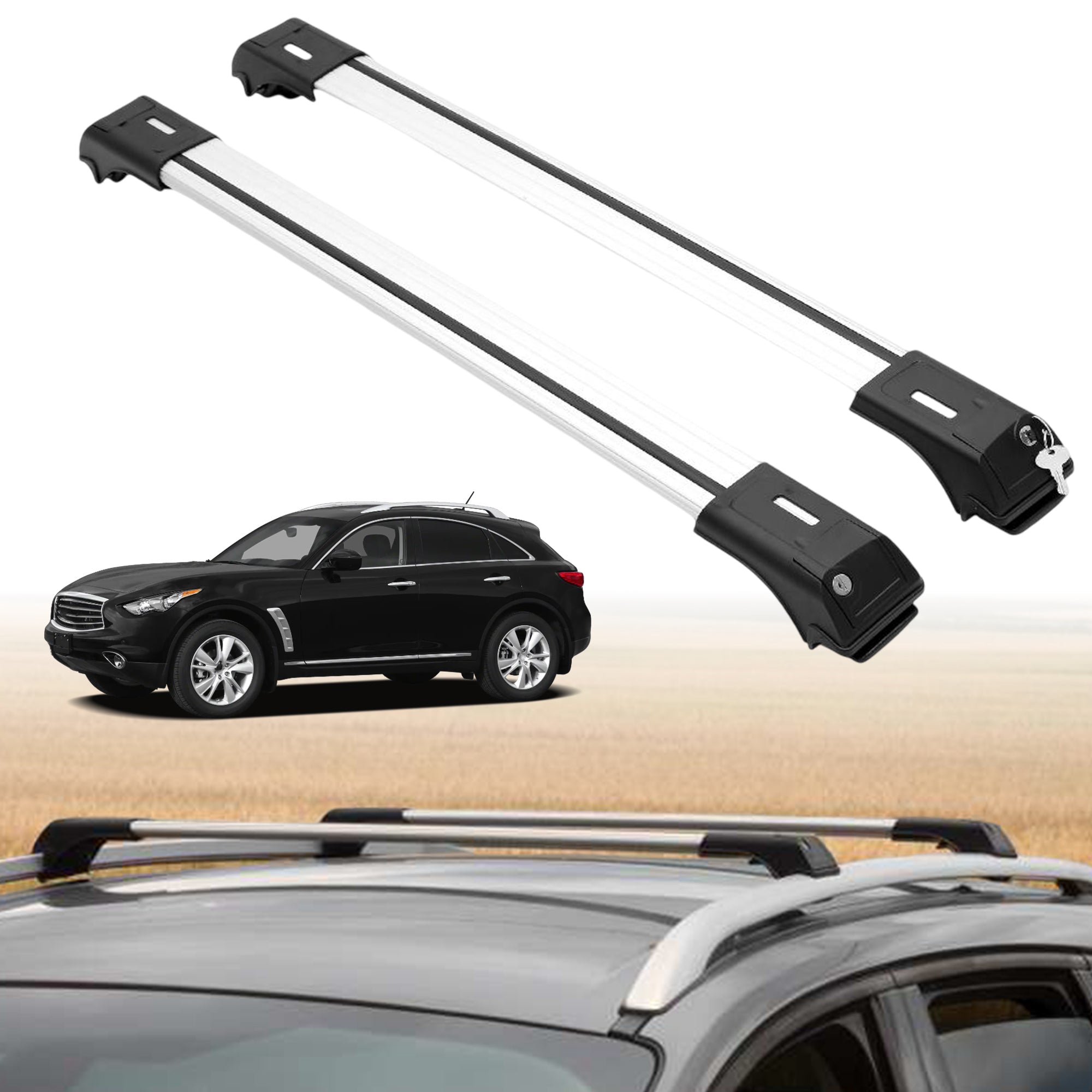 Roof Rack Crossbars for INFINITI FX35 2003-2008 Fits Raised Rails - Silver