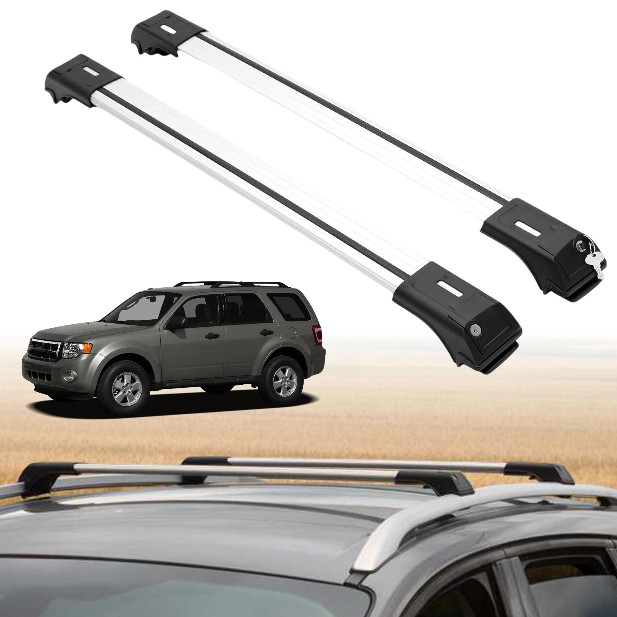 Roof Rack Crossbars for Ford Escape 2008-2012 Fits Raised Rails - Silver