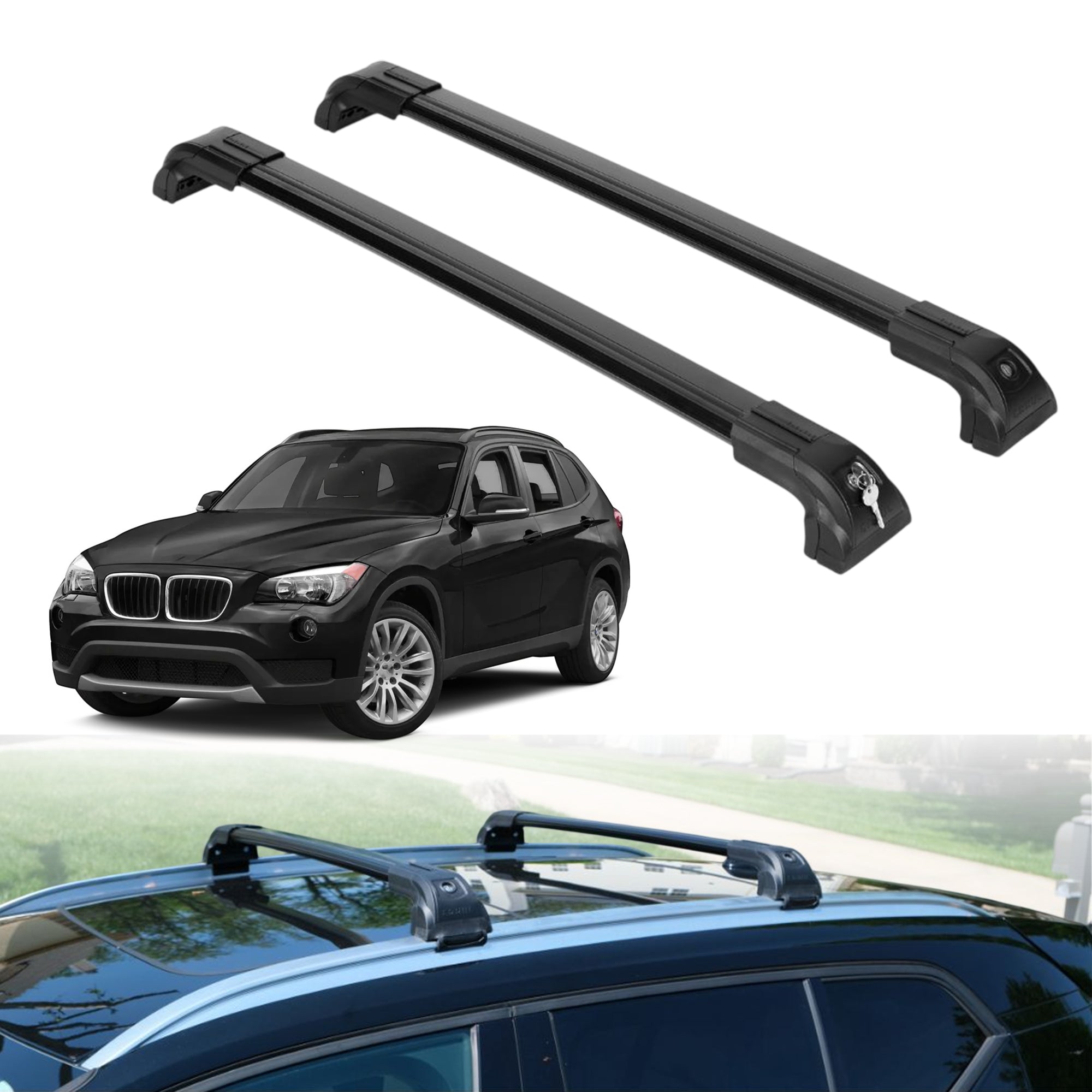 220 lbs Roof Rack Crossbars for BMW X1 2013-2015 Fits Flush Rails - Black