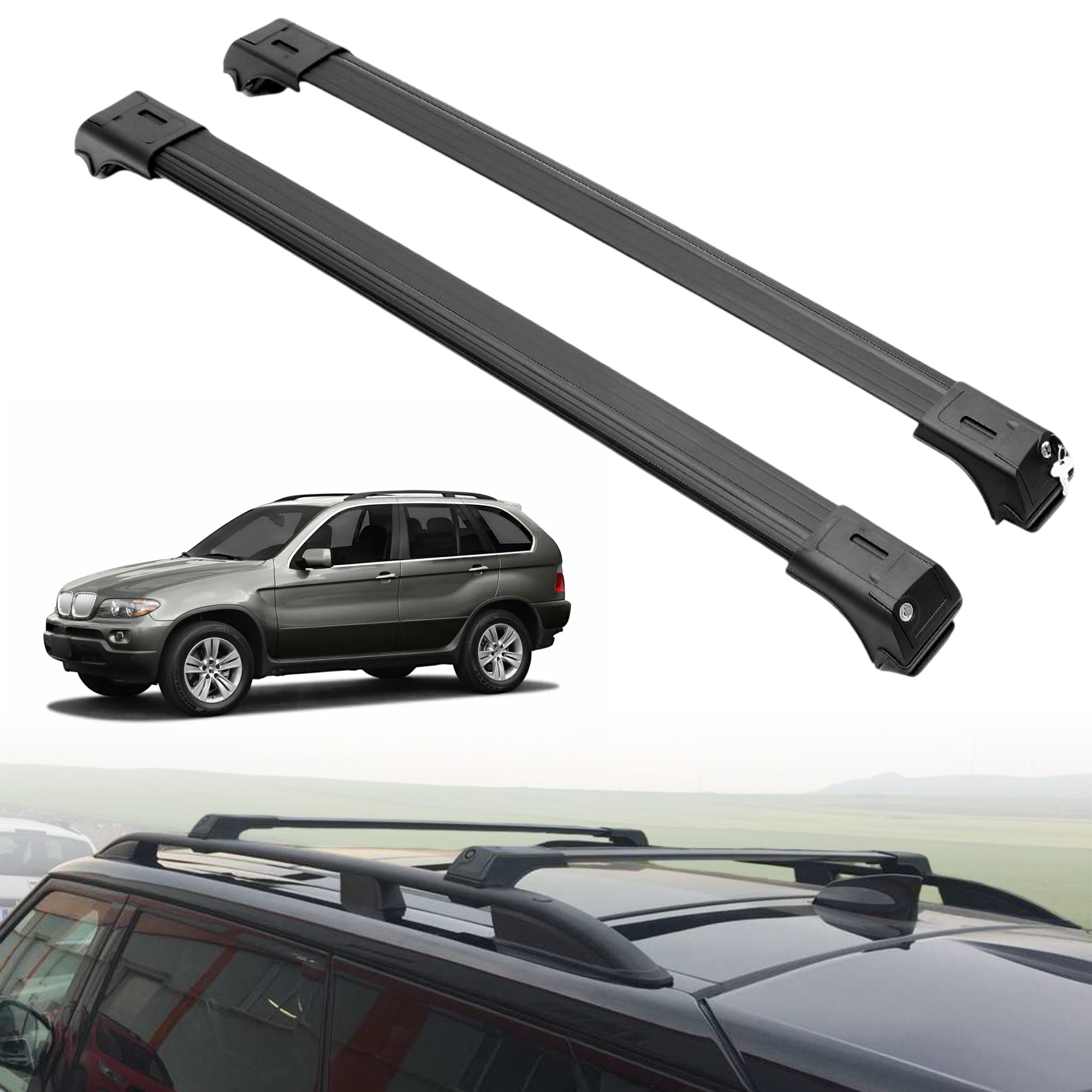 Roof Rack Crossbars for BMW X5 2000-2006 Fits Raised Rails - Black