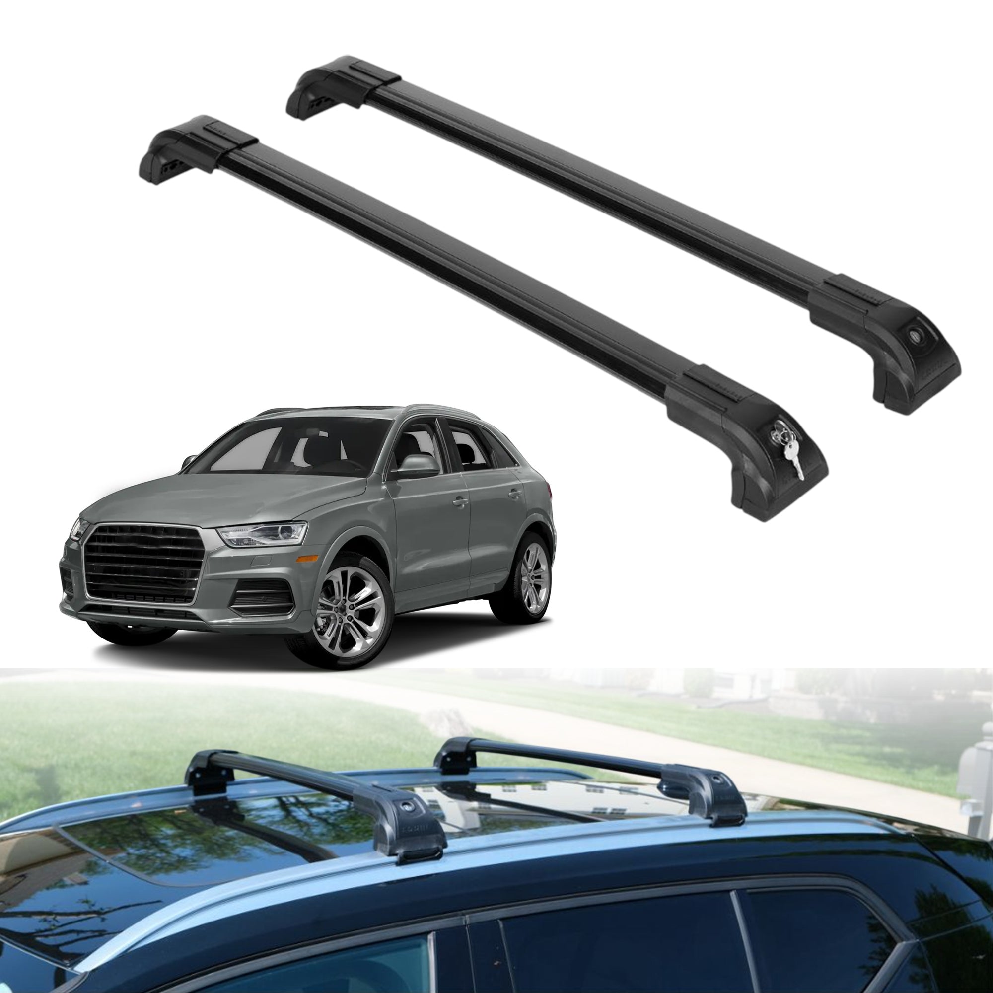 220 lbs Roof Rack Crossbars for Audi Q3 2015-2018 Fits Flush Rails - Black