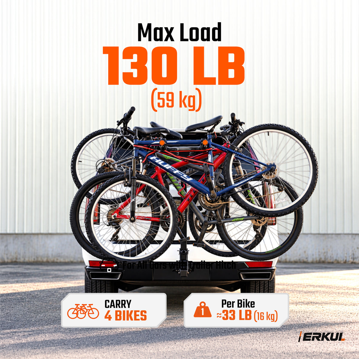 ERKUL RideMax 4-Bike Hitch Rack for 2" Receiver, Tool-Free Folding