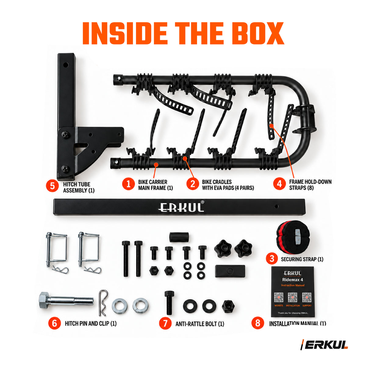 ERKUL RideMax 4-Bike Hitch Rack for 2" Receiver, Tool-Free Folding