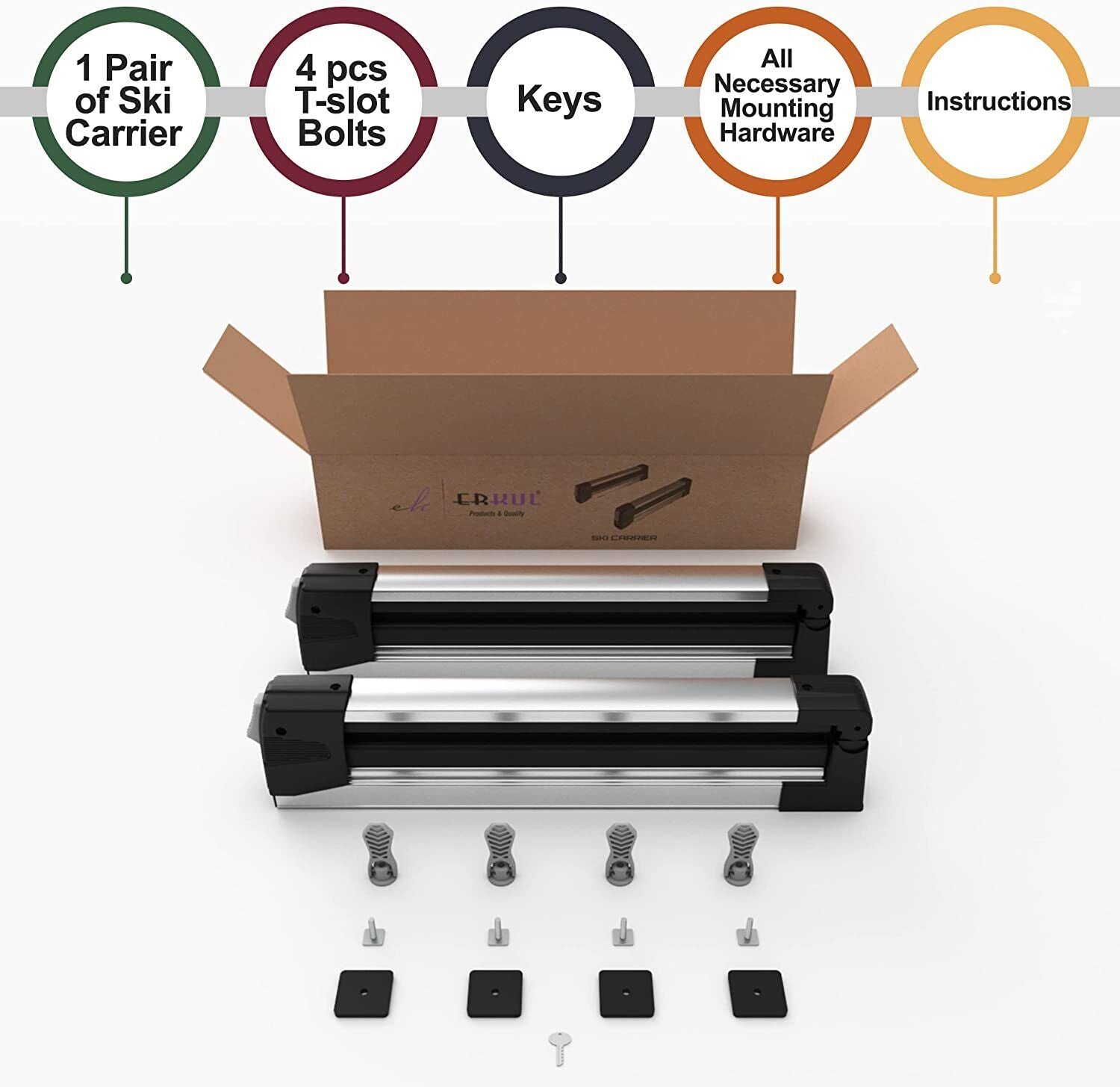 OPEN-BOX | ERKUL Universal Ski Rack & Snowboard for Car Roof Fits All Crossbars